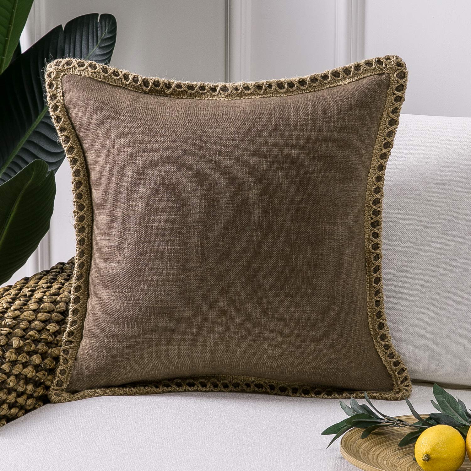 Phantoscope Pack of 2 Farmhouse Decorative Solid Pillow Cover Burlap Linen Trimmed Tailored Edges, Black, 24 x 24 inches, 60 x 60 cm