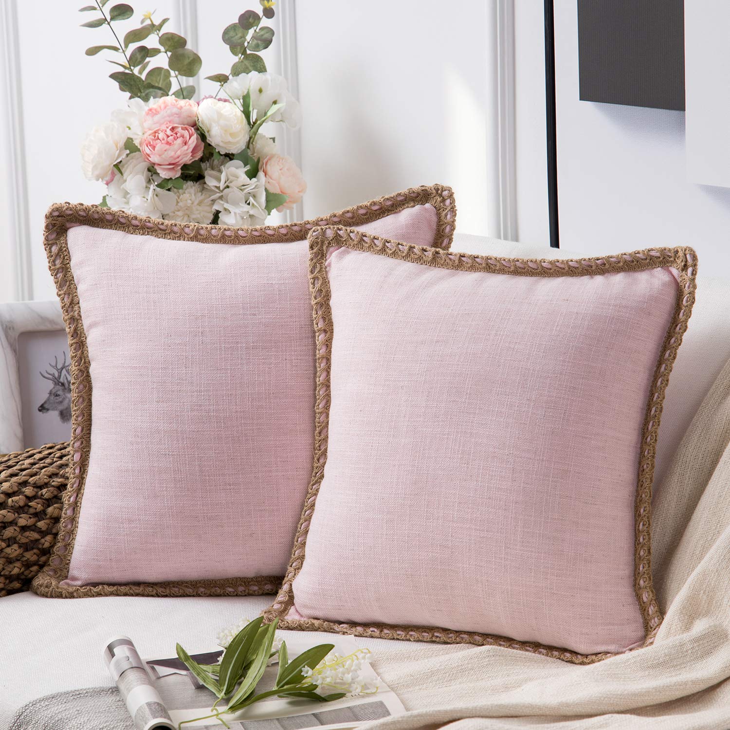 Phantoscope Pack of 2 Farmhouse Decorative Solid Pillow Cover Burlap Linen Trimmed Tailored Edges, Black, 24 x 24 inches, 60 x 60 cm