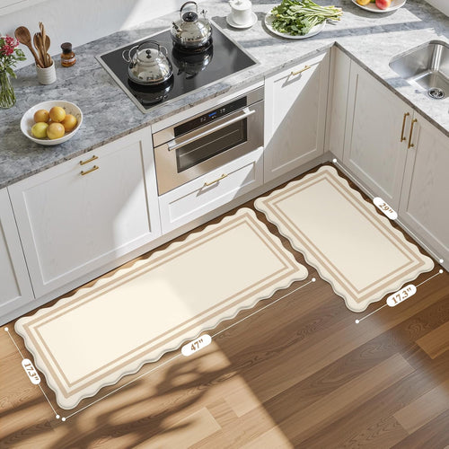 Beige Scalloped Boho 2-Piece Anti Fatigue Kitchen Mat Set