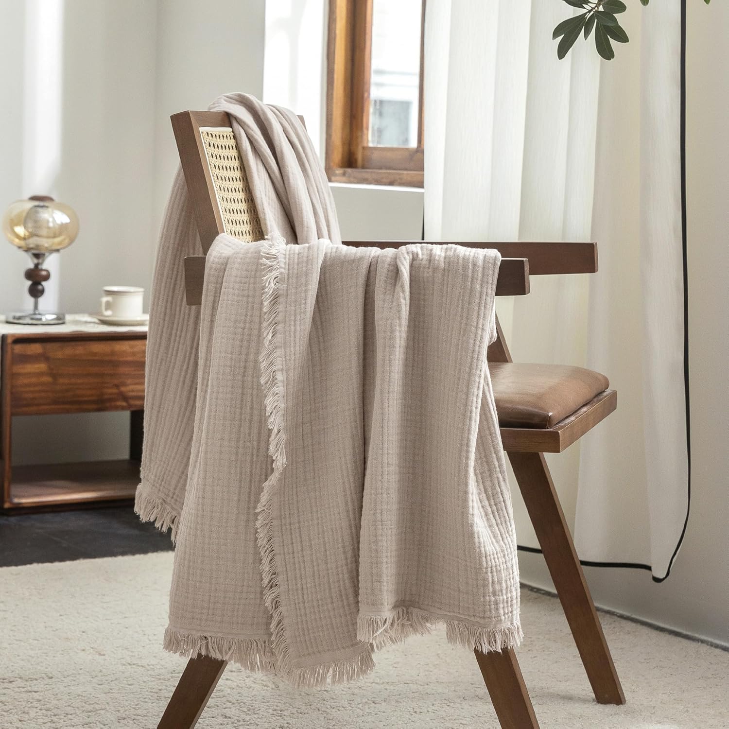 Beige Gray Fringe Cotton Muslin Blanket