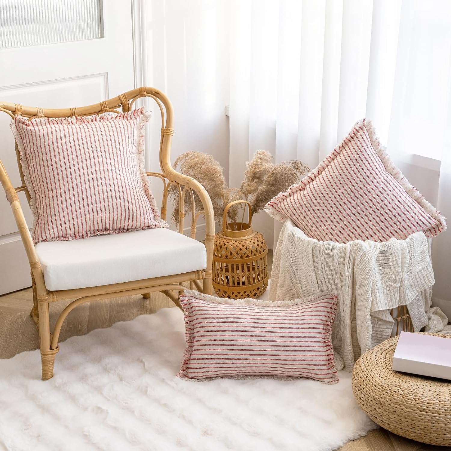 Red Fringe Striped Pillow Covers Set