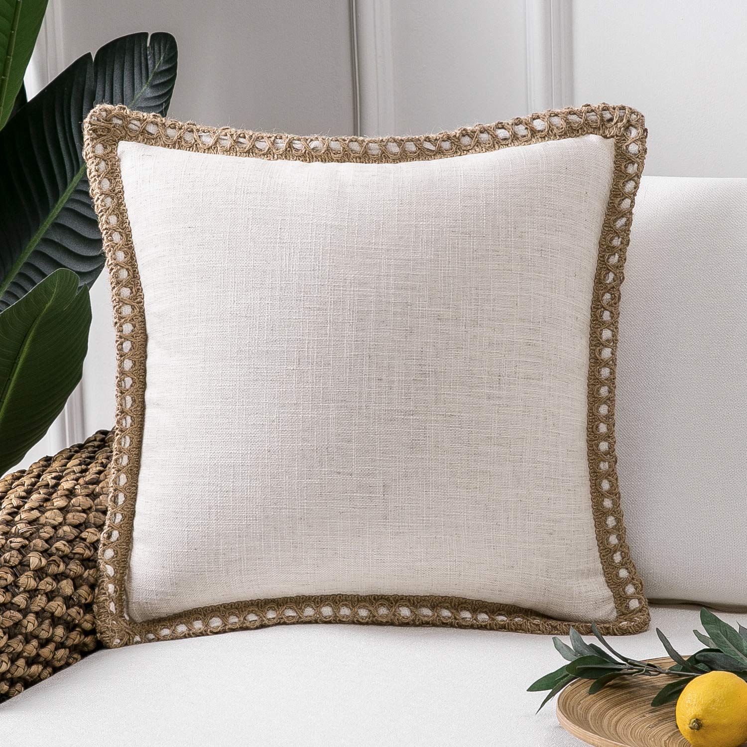 Phantoscope Pack of 2 Farmhouse Decorative Solid Pillow Cover Burlap Linen Trimmed Tailored Edges, Black, 24 x 24 inches, 60 x 60 cm
