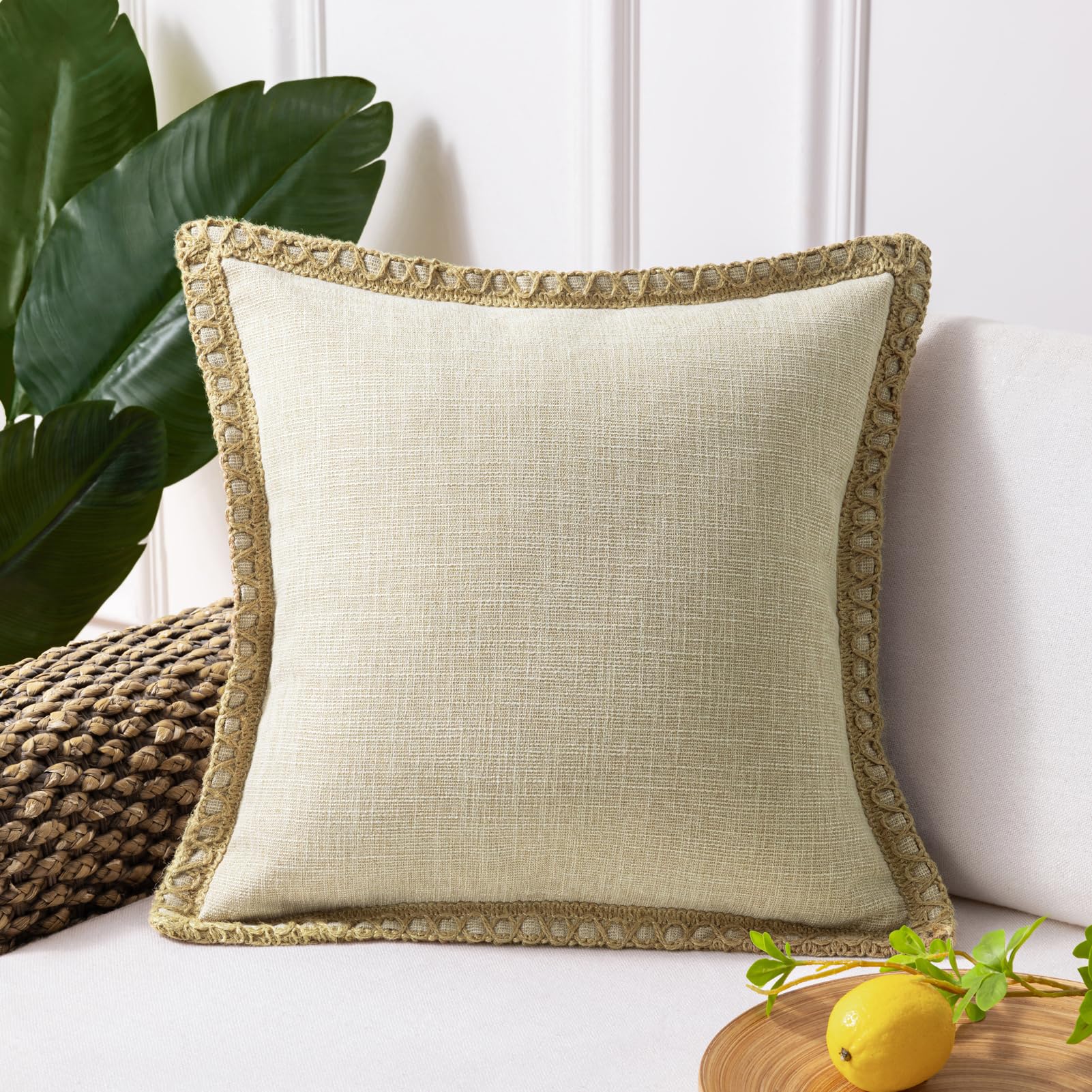 Phantoscope Pack of 2 Farmhouse Decorative Solid Pillow Cover Burlap Linen Trimmed Tailored Edges, Black, 24 x 24 inches, 60 x 60 cm