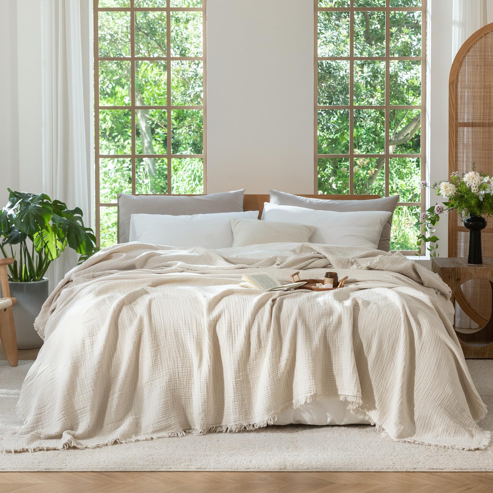 MooMee Muslin Blanket - 100% Cotton 4-Layer Gauze Throw Blanket with All-Around Fringe, Soft Breathable Lightweight Cooling Summer Blankets for Bed Couch (Cream Grey,Super King 108" x 98")