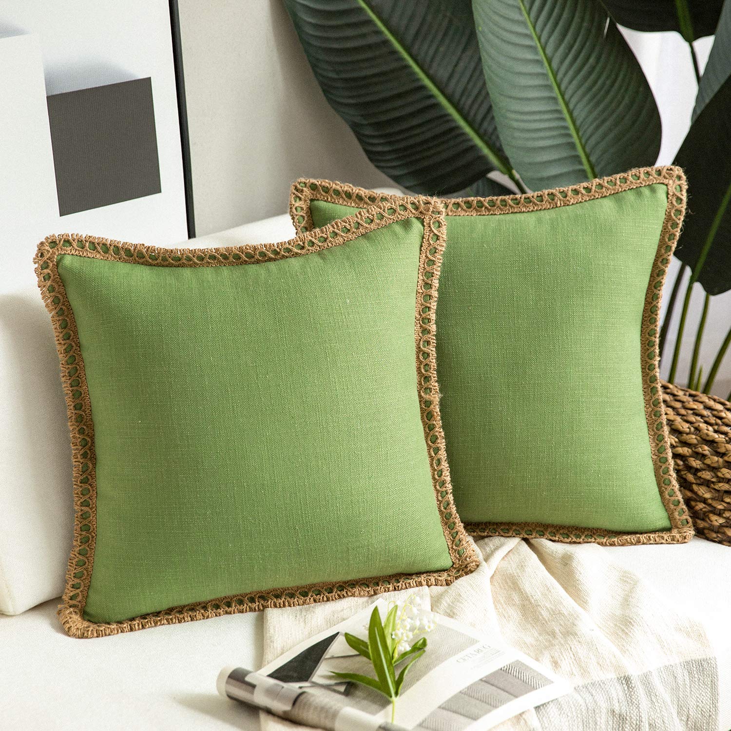Phantoscope Pack of 2 Farmhouse Decorative Solid Pillow Cover Burlap Linen Trimmed Tailored Edges, Black, 24 x 24 inches, 60 x 60 cm