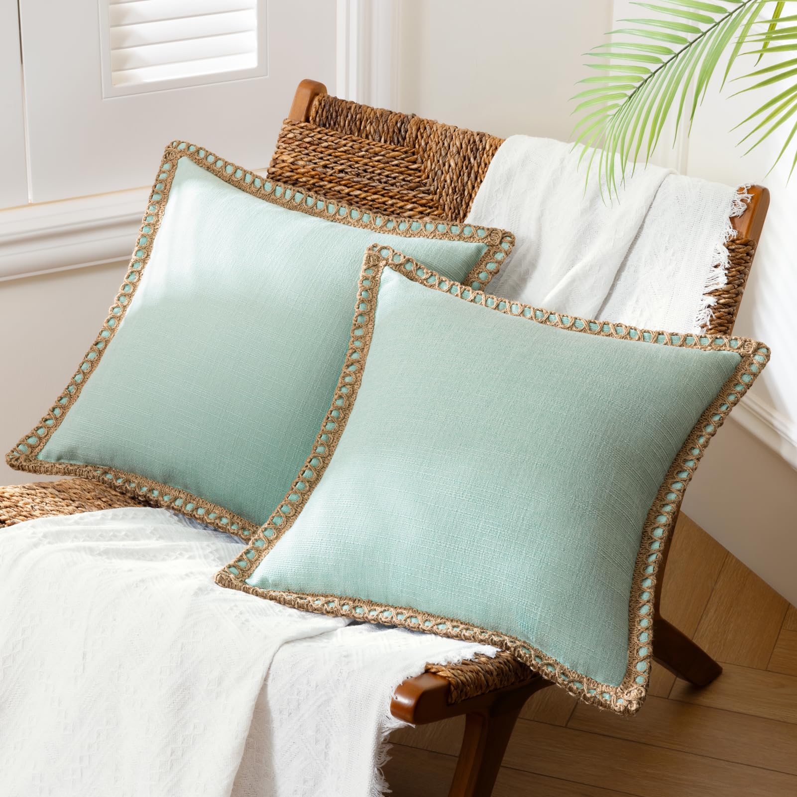 Phantoscope Pack of 2 Farmhouse Decorative Solid Pillow Cover Burlap Linen Trimmed Tailored Edges, Black, 24 x 24 inches, 60 x 60 cm