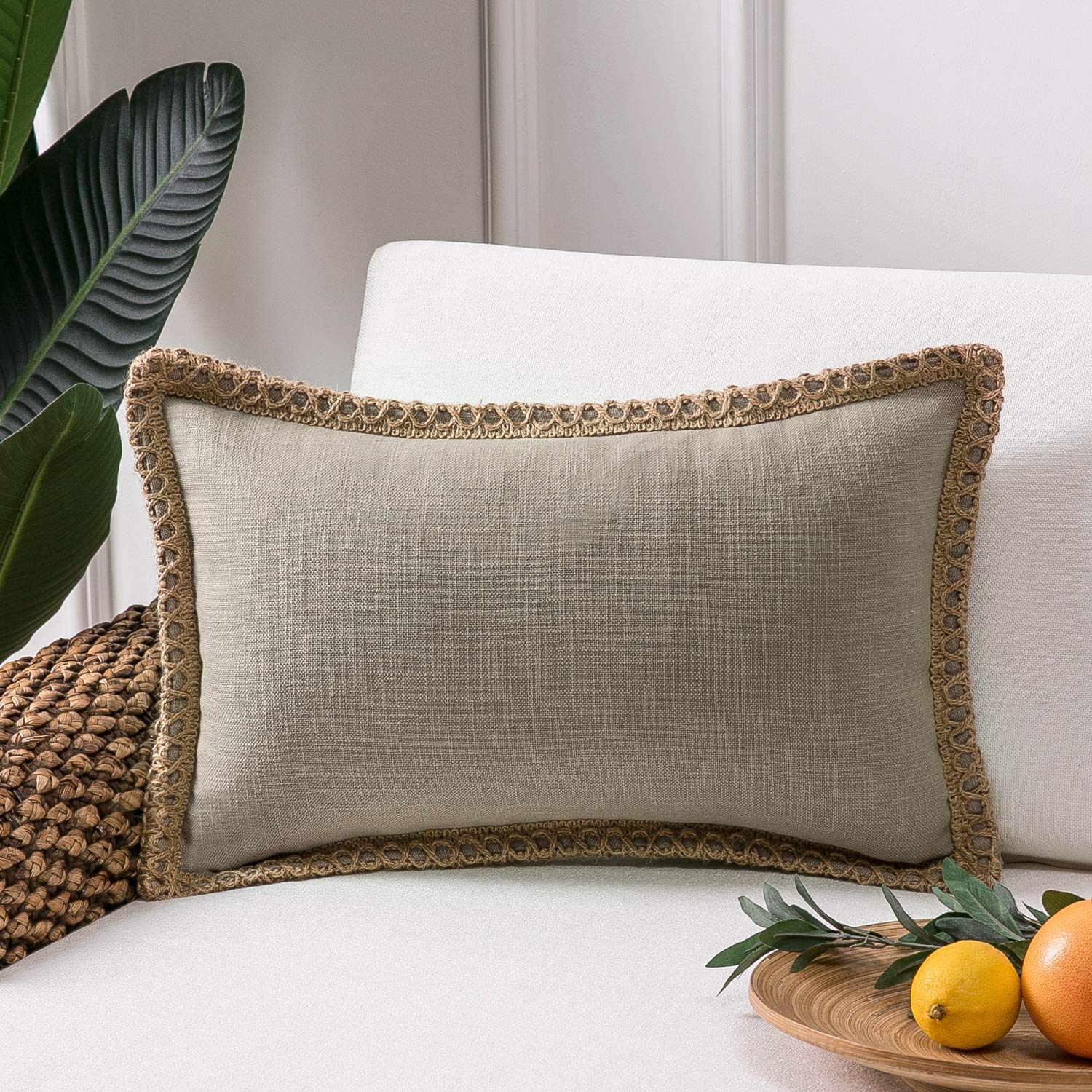 Phantoscope Pack of 2 Farmhouse Decorative Solid Pillow Cover Burlap Linen Trimmed Tailored Edges, Black, 24 x 24 inches, 60 x 60 cm