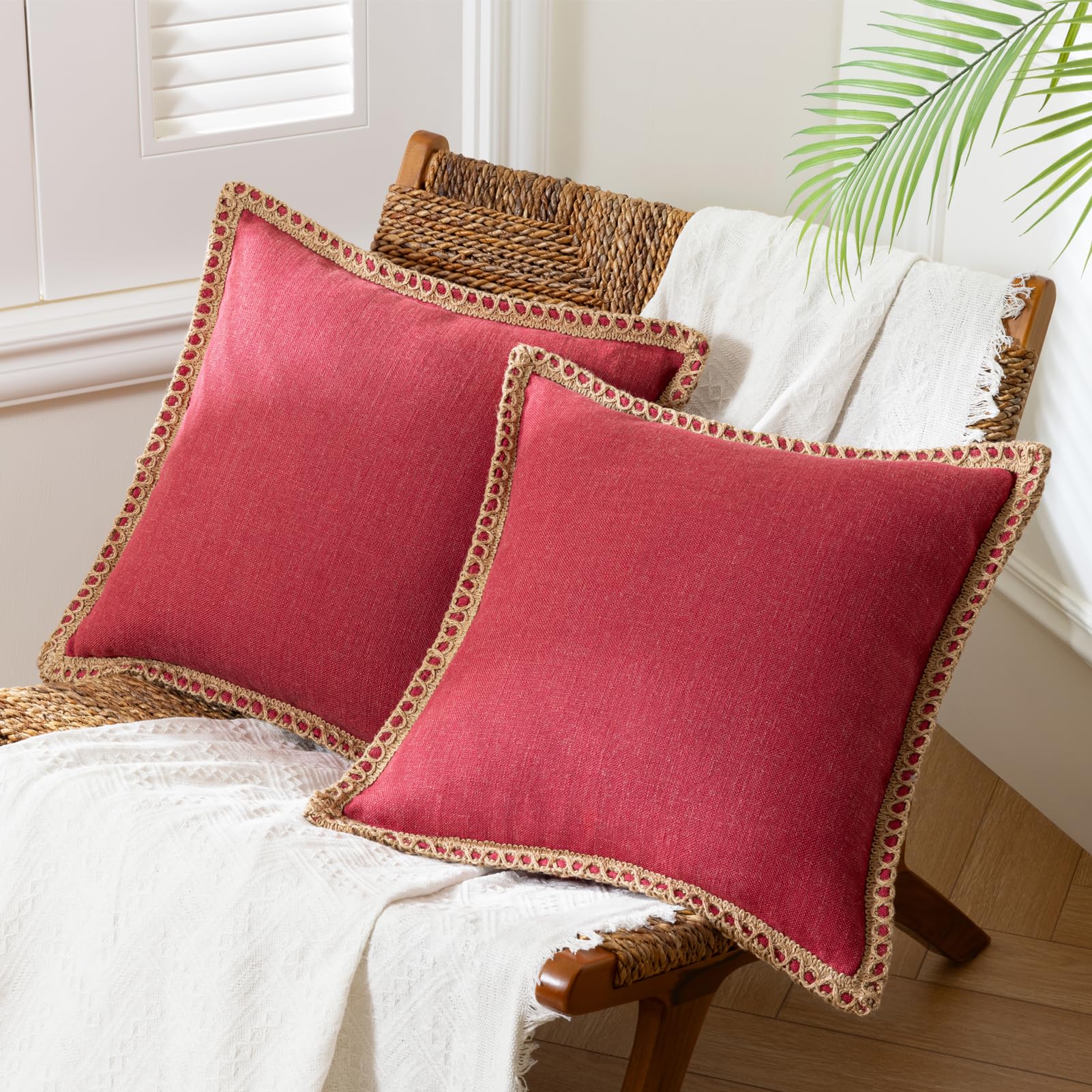 Phantoscope Pack of 2 Farmhouse Decorative Solid Pillow Cover Burlap Linen Trimmed Tailored Edges, Black, 24 x 24 inches, 60 x 60 cm