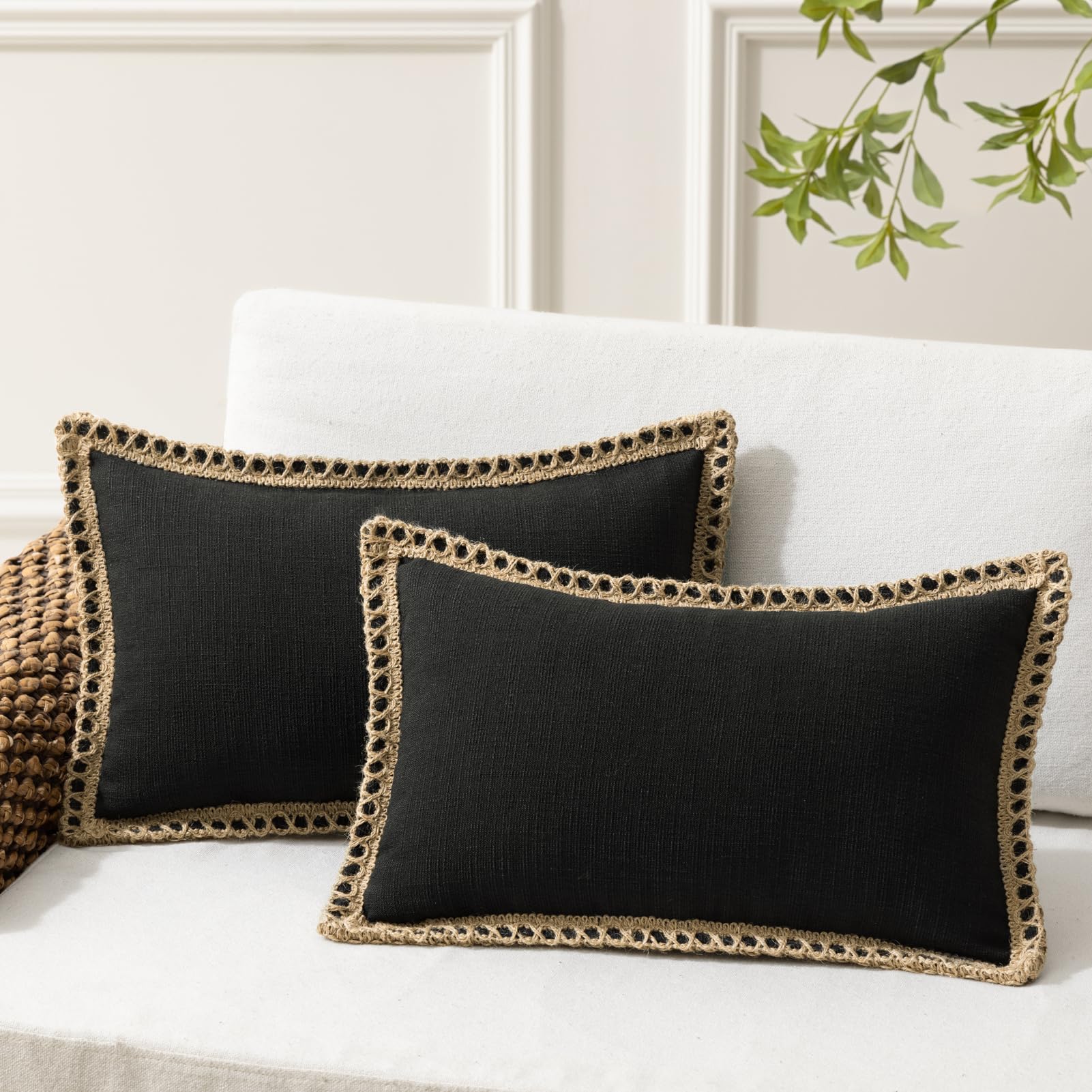 Phantoscope Pack of 2 Farmhouse Decorative Solid Pillow Cover Burlap Linen Trimmed Tailored Edges, Black, 24 x 24 inches, 60 x 60 cm