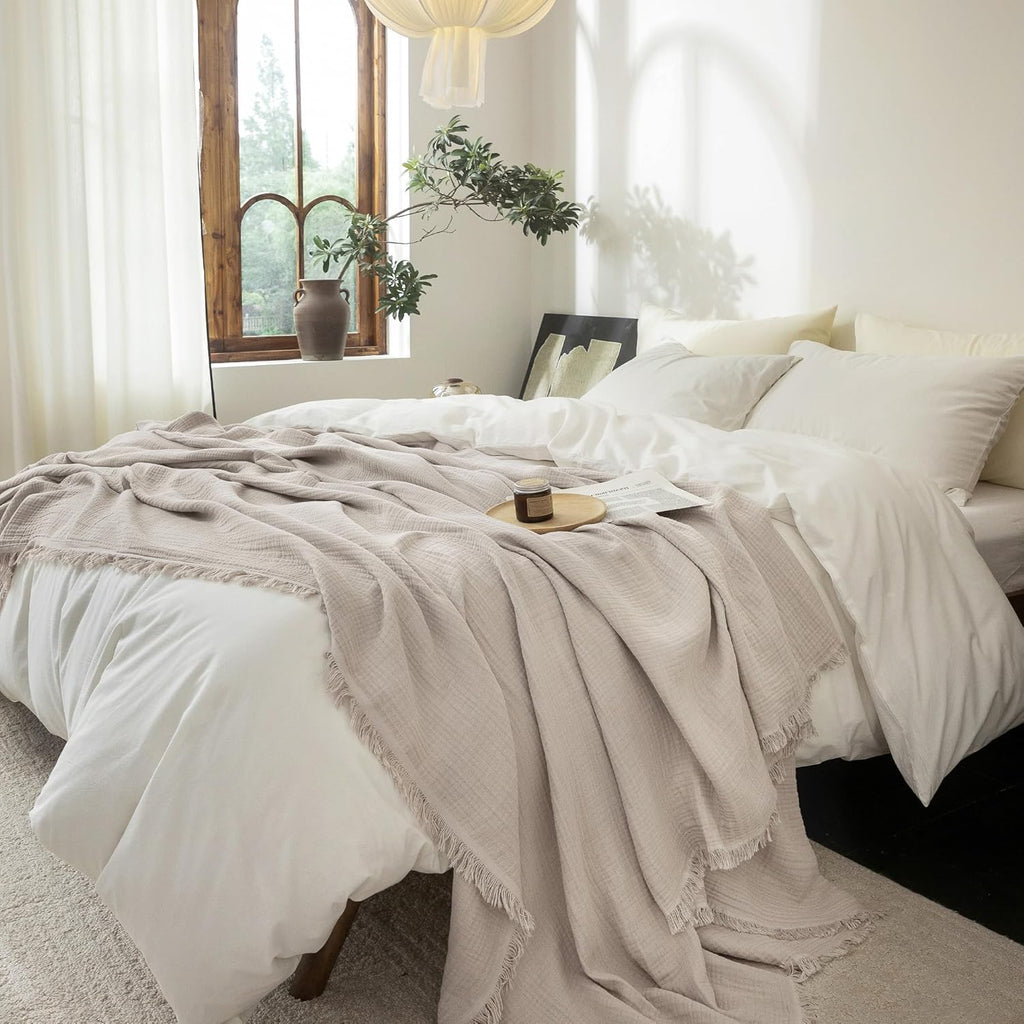 Beige Gray Fringe Cotton Muslin Blanket