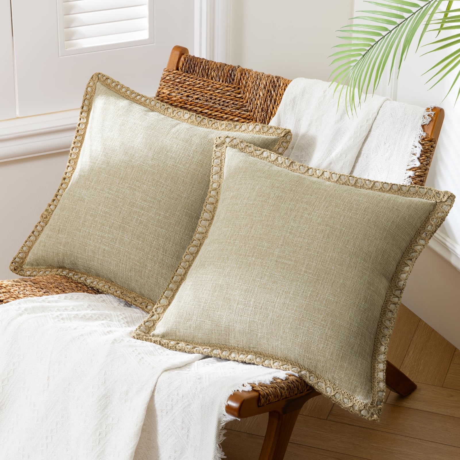 Phantoscope Pack of 2 Farmhouse Decorative Solid Pillow Cover Burlap Linen Trimmed Tailored Edges, Black, 24 x 24 inches, 60 x 60 cm