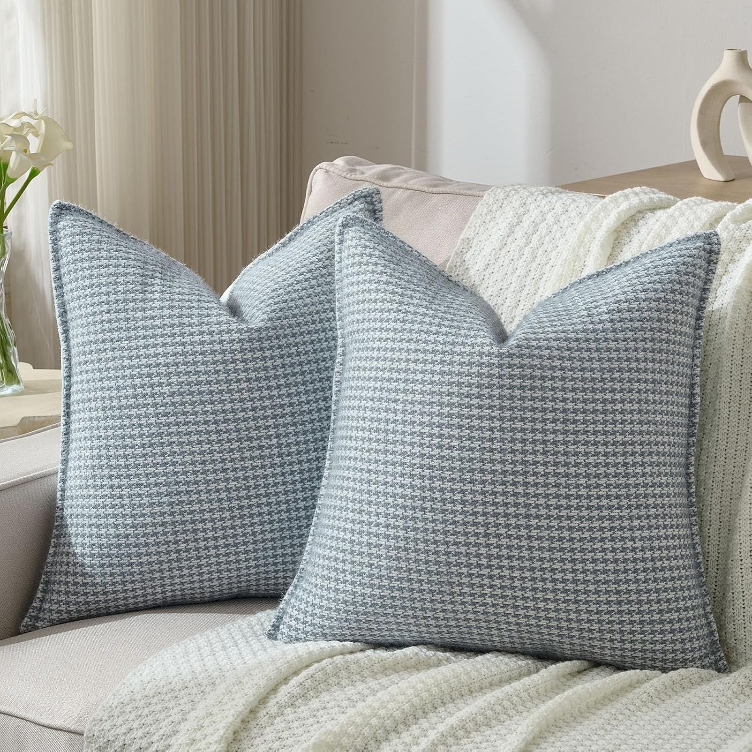 FUTEI Pack of 2 Houndstooth Throw Pillow Covers 26x26 Inch Soft Chenille Gingham Textured Farmhouse Decorative Euro Pillow Shams Modern Home Decor for Couch Bedroom Living Room, Grayish Blue