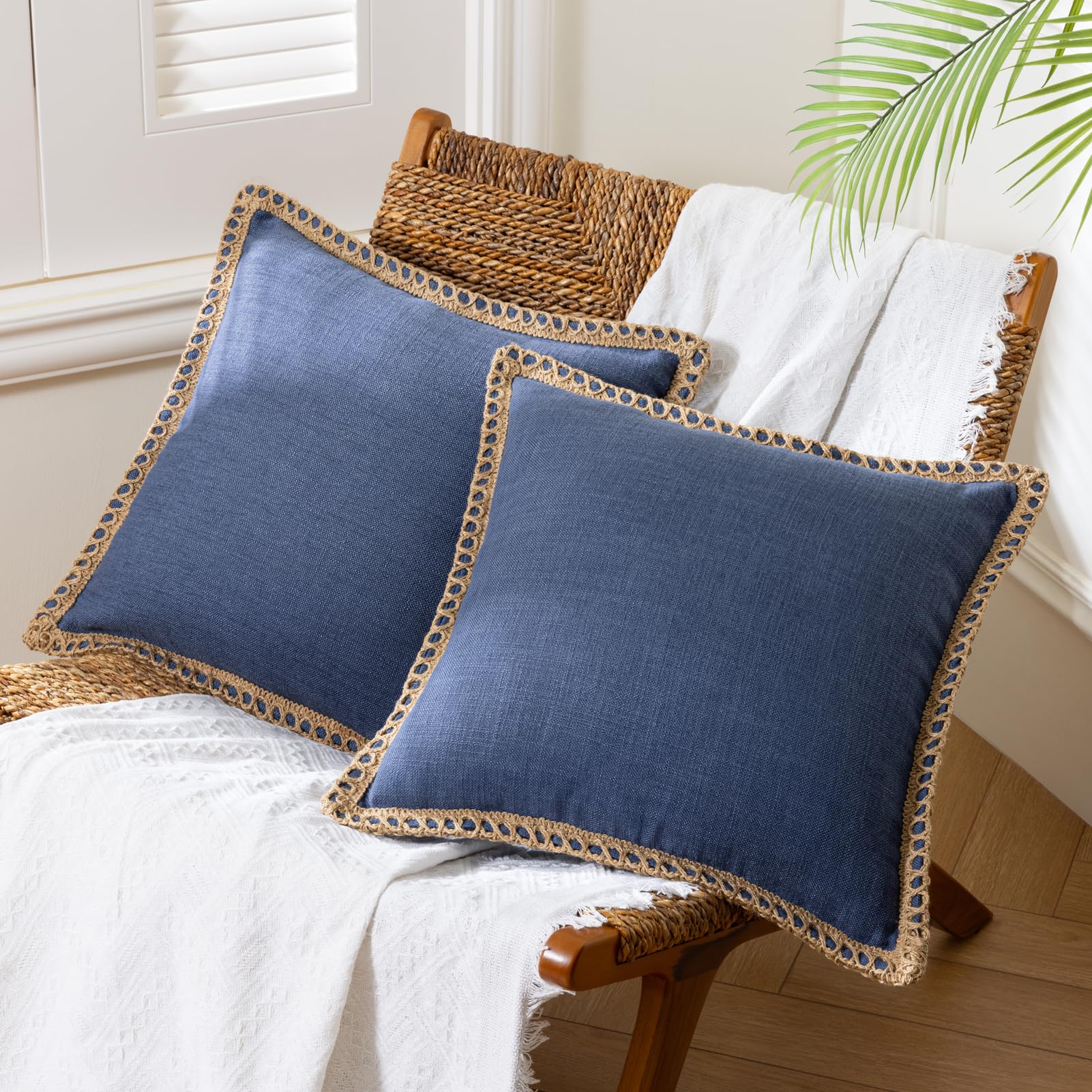 Phantoscope Pack of 2 Farmhouse Decorative Solid Pillow Cover Burlap Linen Trimmed Tailored Edges, Black, 24 x 24 inches, 60 x 60 cm