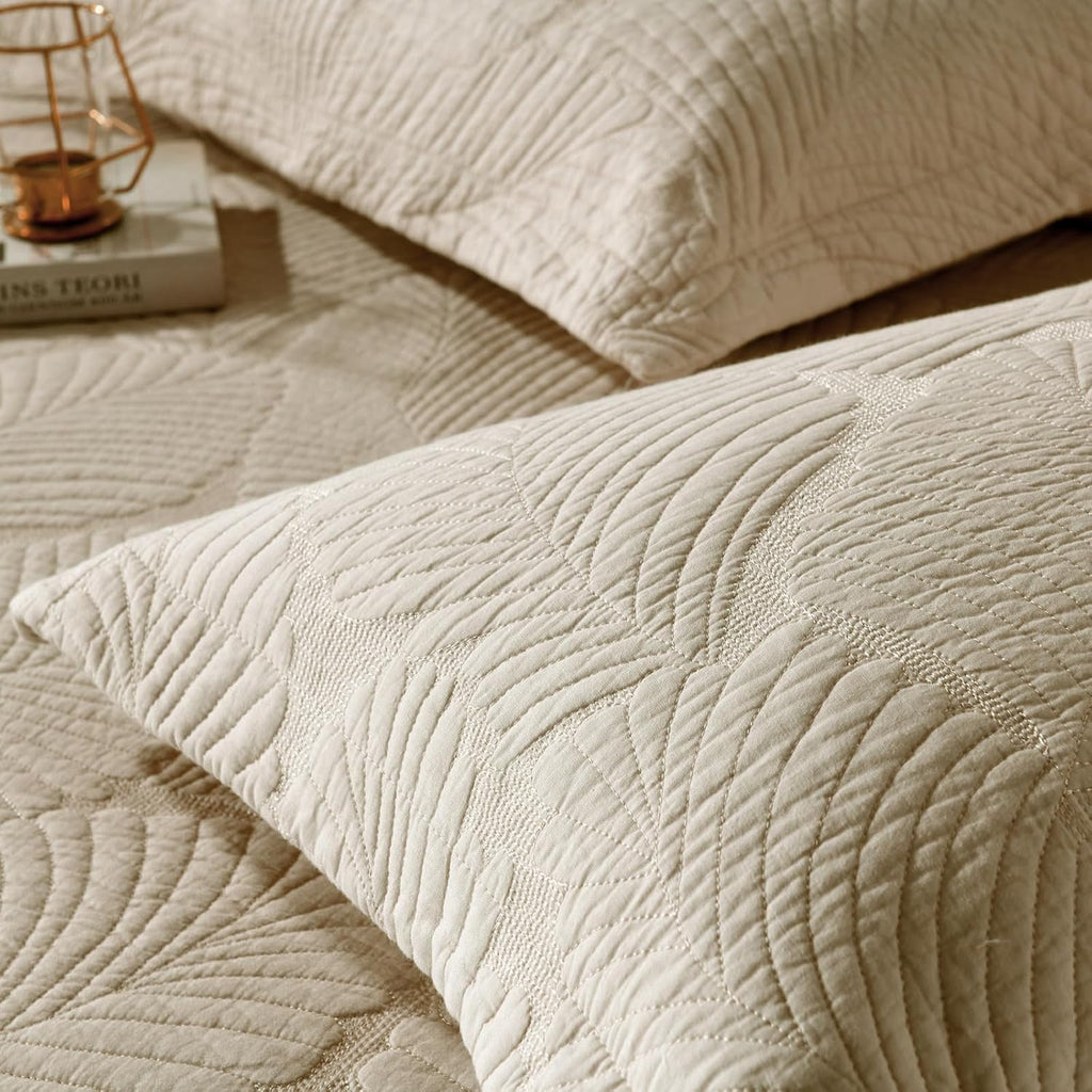 Khaki Tropical Palm Queen Cotton Quilt Set