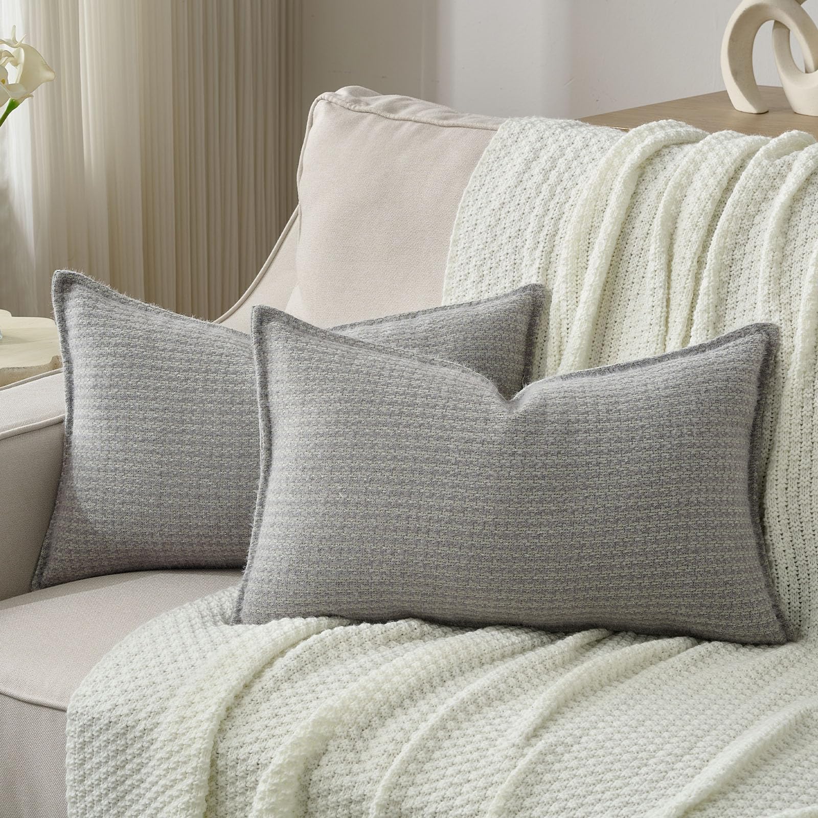 FUTEI Pack of 2 Houndstooth Throw Pillow Covers 26x26 Inch Soft Chenille Gingham Textured Farmhouse Decorative Euro Pillow Shams Modern Home Decor for Couch Bedroom Living Room, Grayish Blue