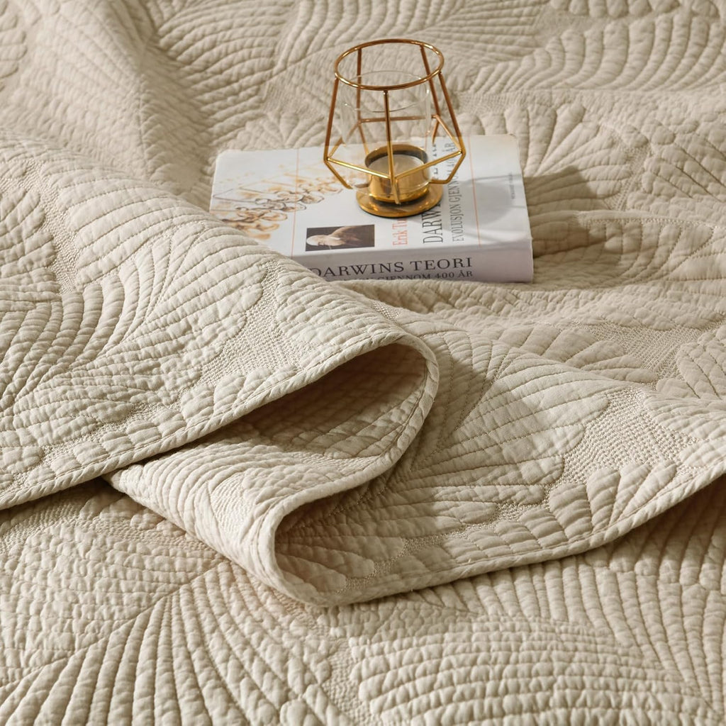 Khaki Tropical Palm Queen Cotton Quilt Set