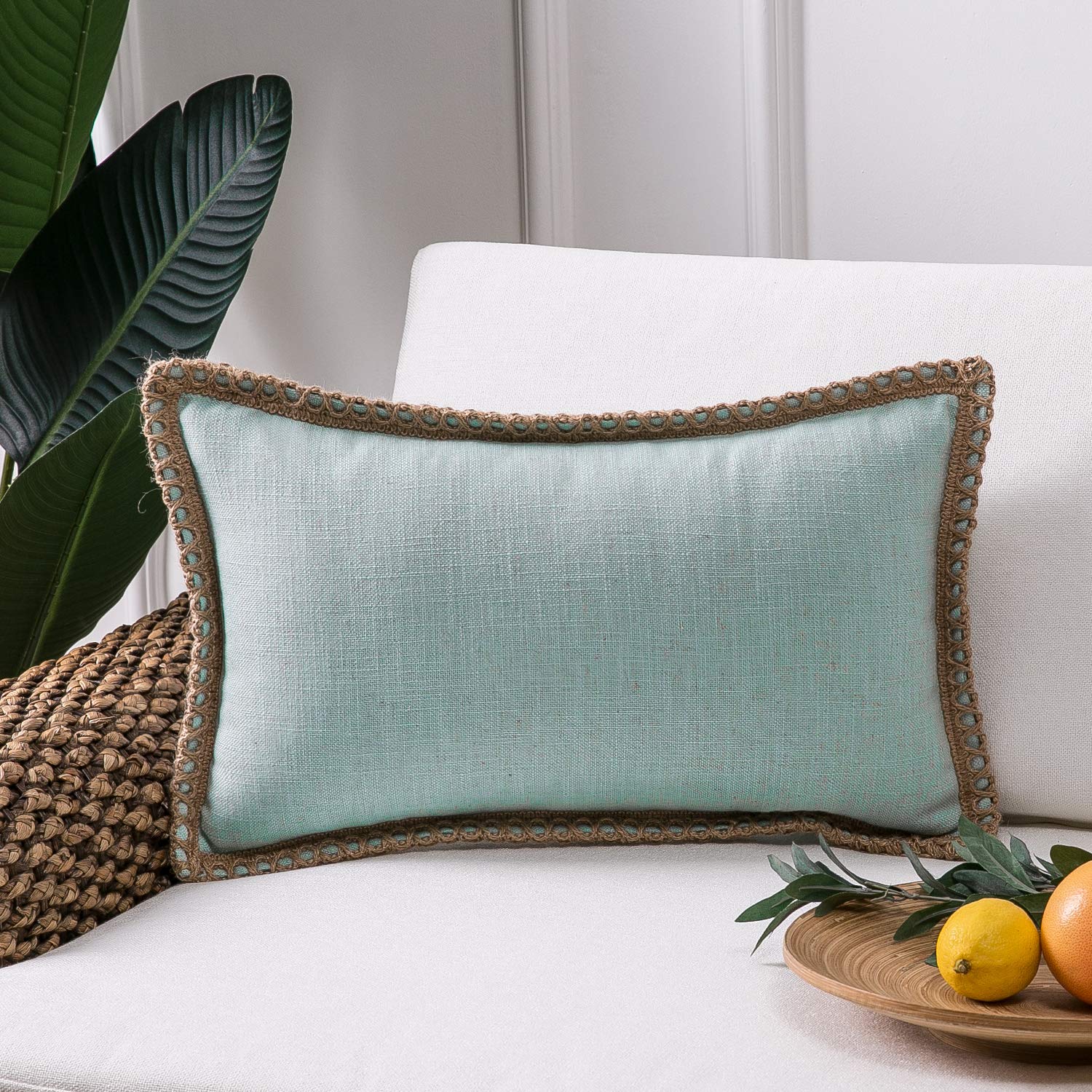 Phantoscope Pack of 2 Farmhouse Decorative Solid Pillow Cover Burlap Linen Trimmed Tailored Edges, Black, 24 x 24 inches, 60 x 60 cm
