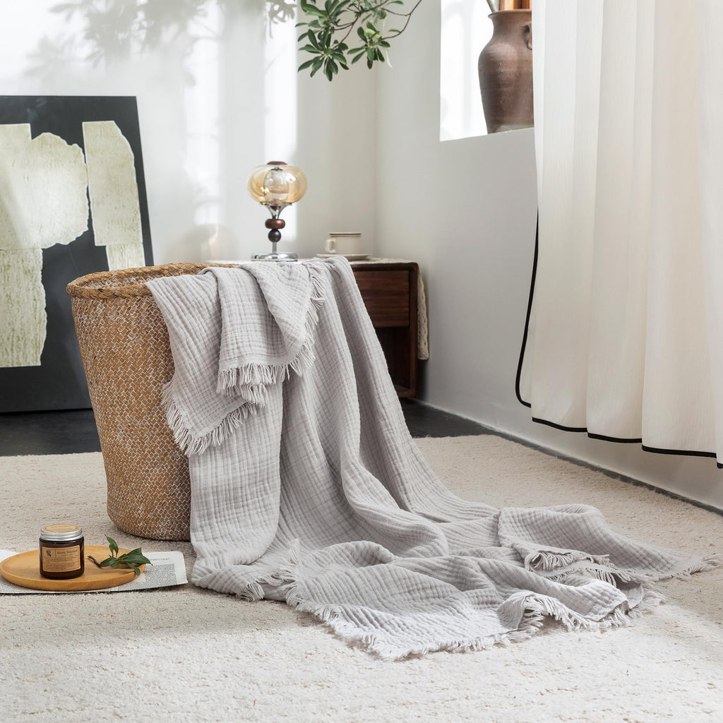 Beige Gray Fringe Cotton Muslin Blanket