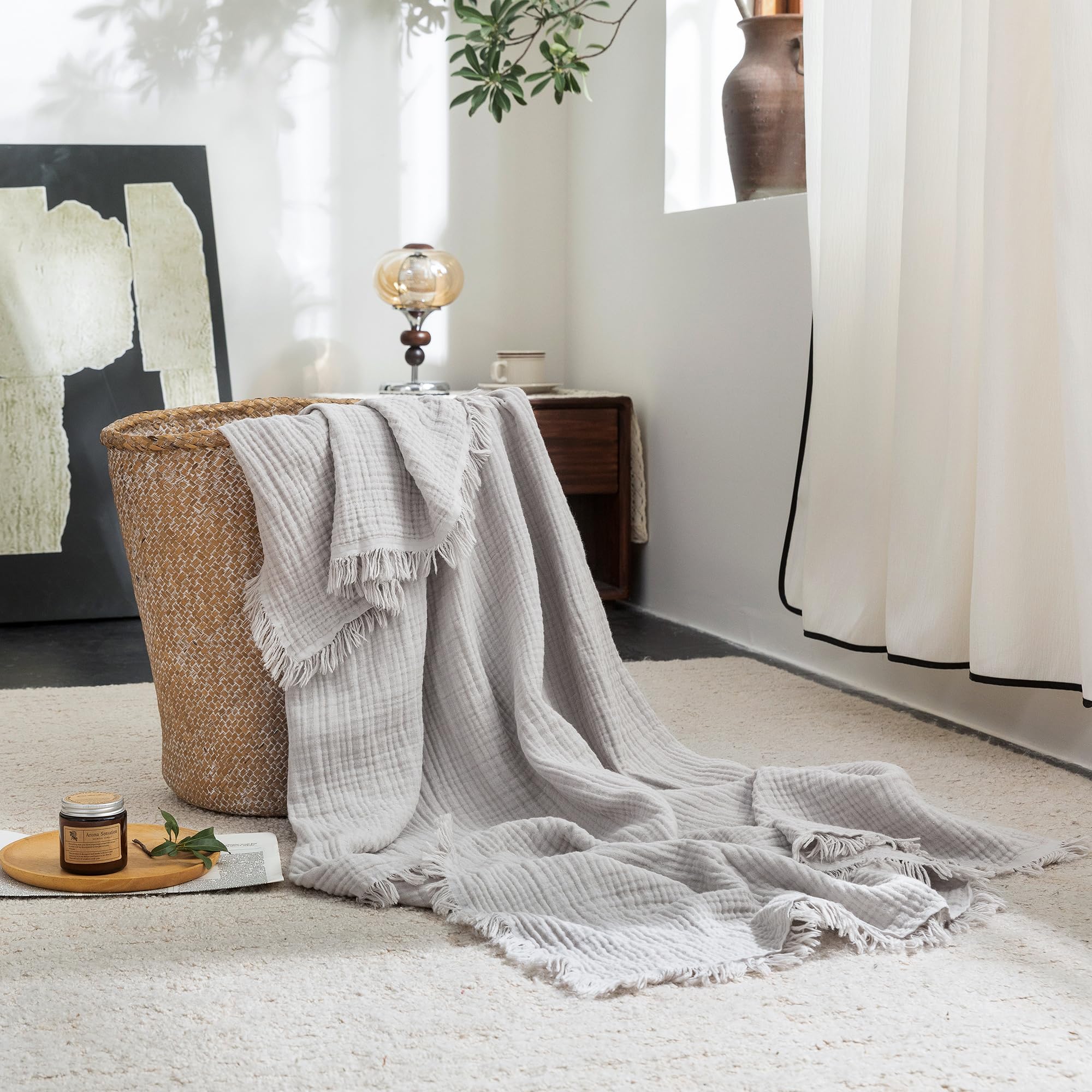 Beige Gray Fringe Cotton Muslin Blanket