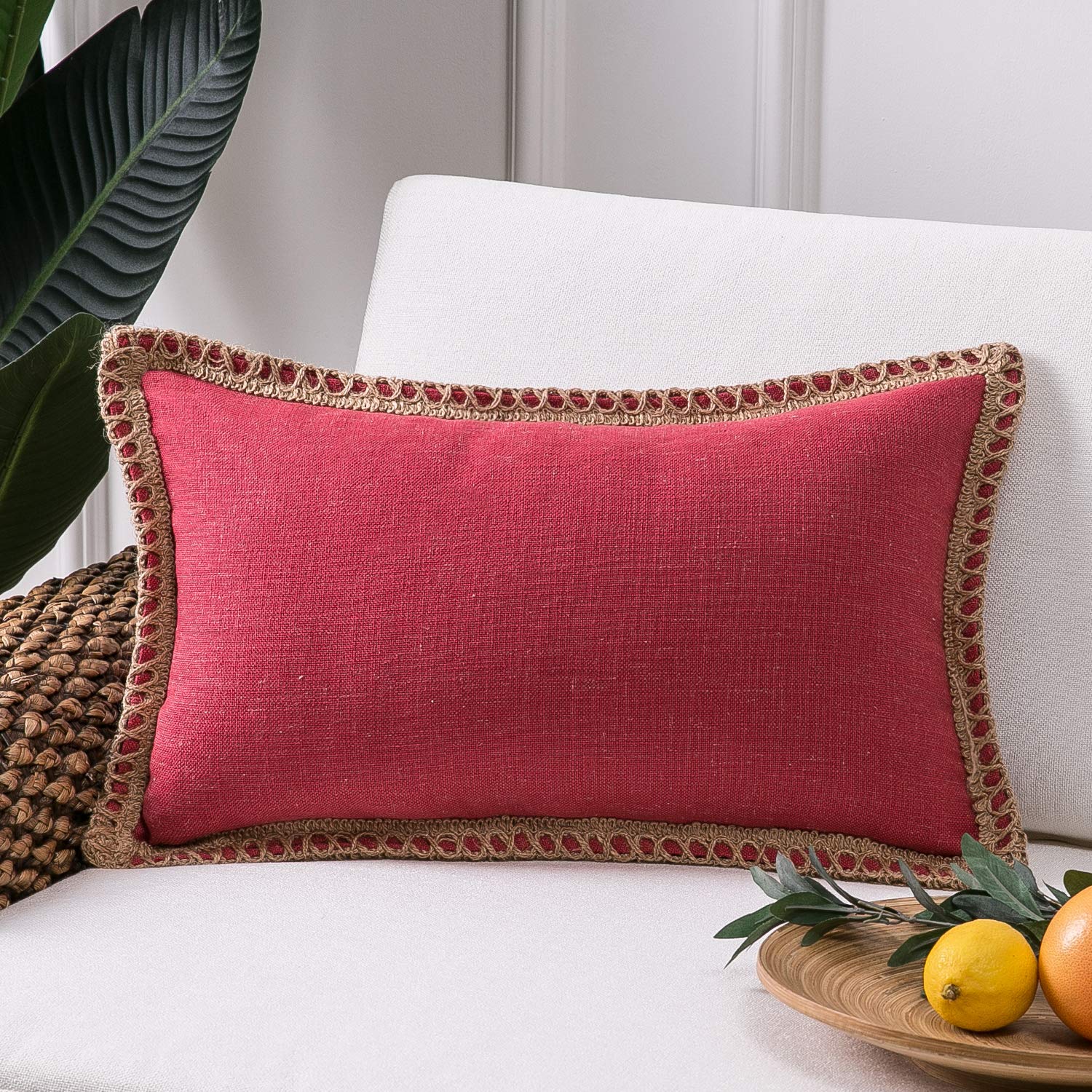 Phantoscope Pack of 2 Farmhouse Decorative Solid Pillow Cover Burlap Linen Trimmed Tailored Edges, Black, 24 x 24 inches, 60 x 60 cm
