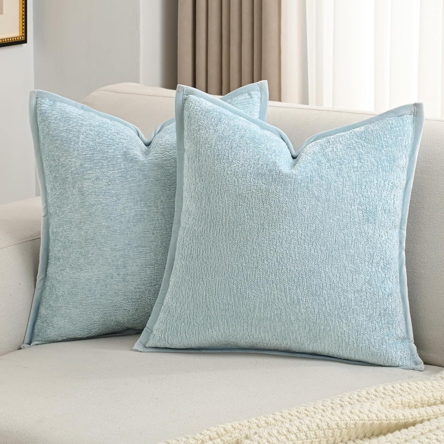 FUTEI Light Blue Chenille Throw Pillow Covers 26x26 Inch Set of 2,Soft Cozy Bound Edge Design Euro Pillow Sham,Home Decor for Couch Bed Living Room