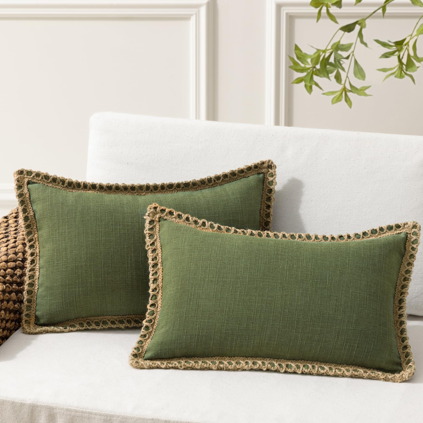 Phantoscope Pack of 2 Farmhouse Decorative Solid Pillow Cover Burlap Linen Trimmed Tailored Edges, Black, 24 x 24 inches, 60 x 60 cm