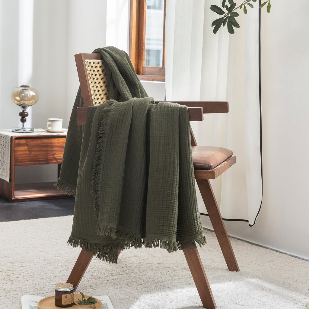 Beige Gray Fringe Cotton Muslin Blanket