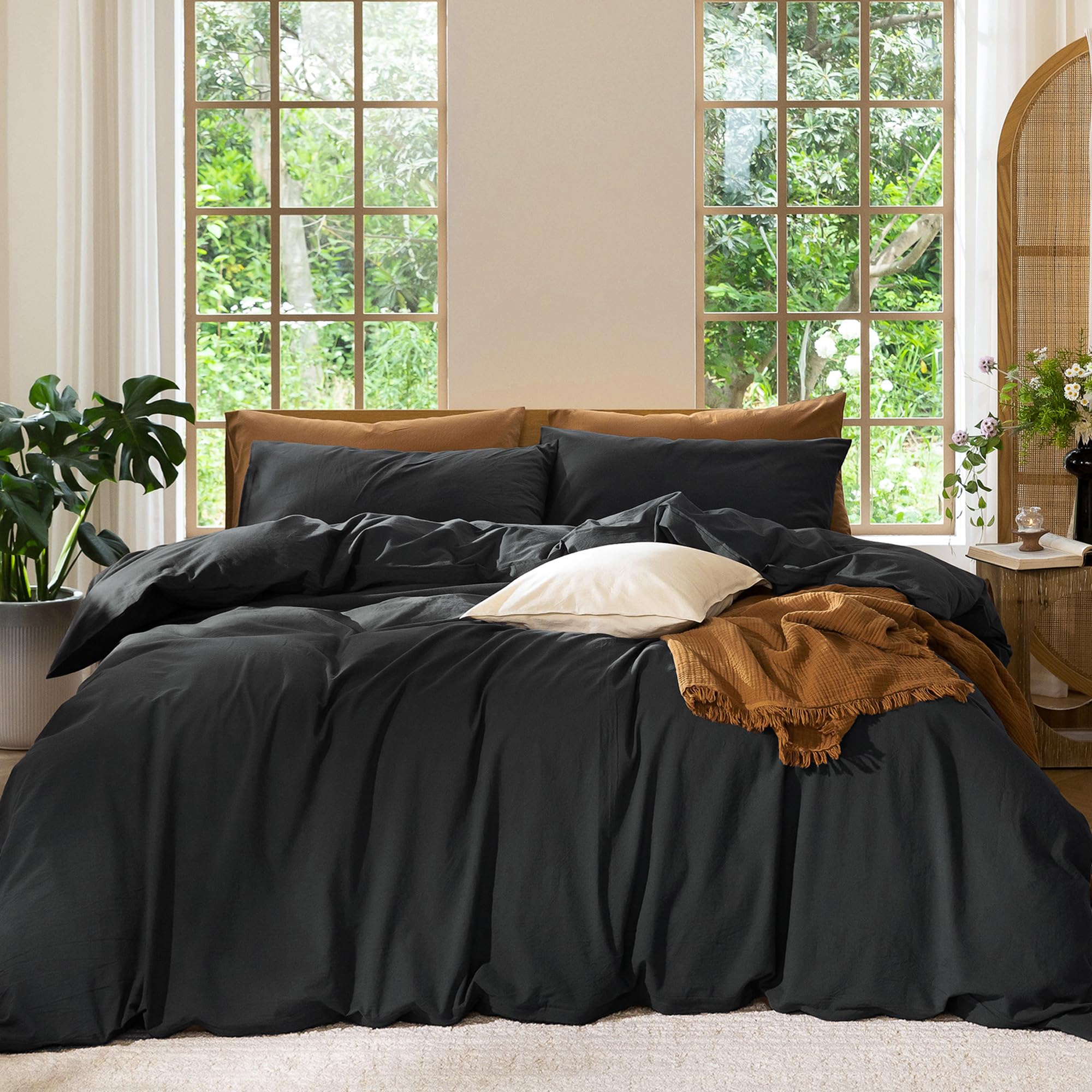 MooMee Bedding Duvet Cover Set 100% Washed Cotton Linen Like Textured Breathable Durable Soft Comfy (Solid Off White, Palatial King/Oversized King 120"x98")