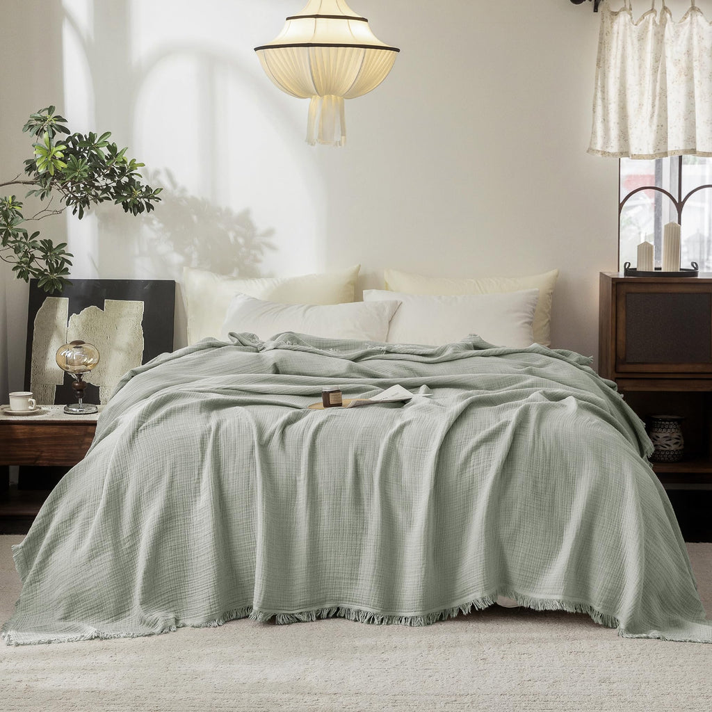 Beige Gray Fringe Cotton Muslin Blanket