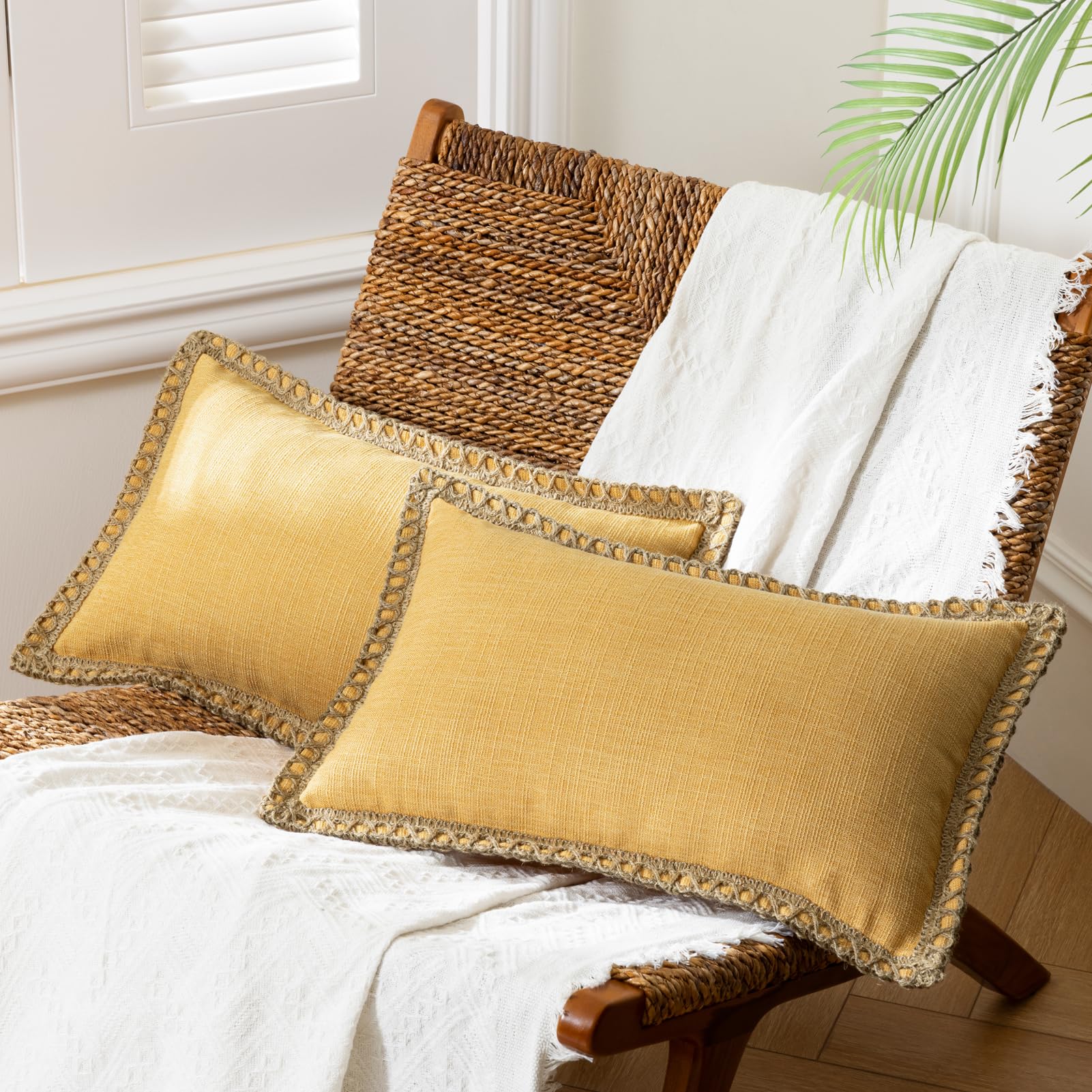 Phantoscope Pack of 2 Farmhouse Decorative Solid Pillow Cover Burlap Linen Trimmed Tailored Edges, Black, 24 x 24 inches, 60 x 60 cm