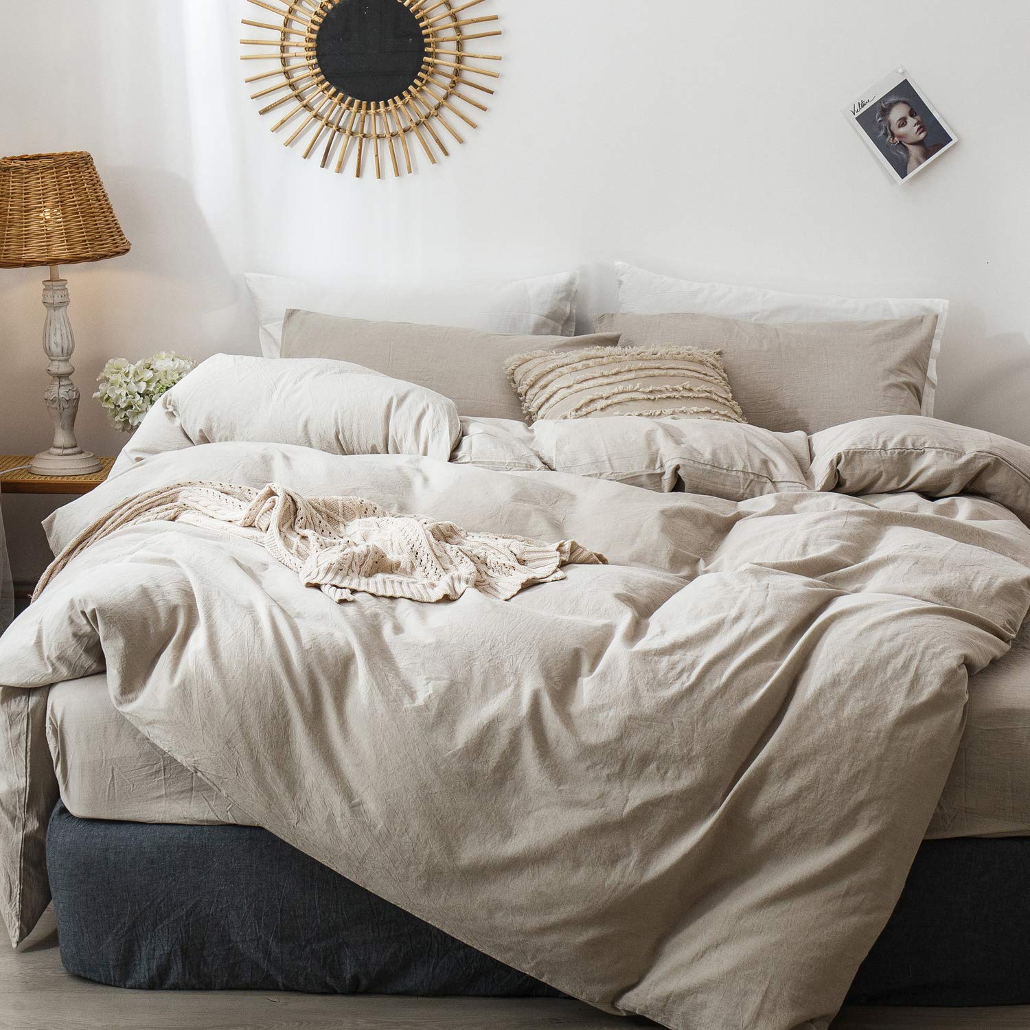 MooMee Bedding Duvet Cover Set 100% Washed Cotton Linen Like Textured Breathable Durable Soft Comfy (Solid Off White, Palatial King/Oversized King 120"x98")