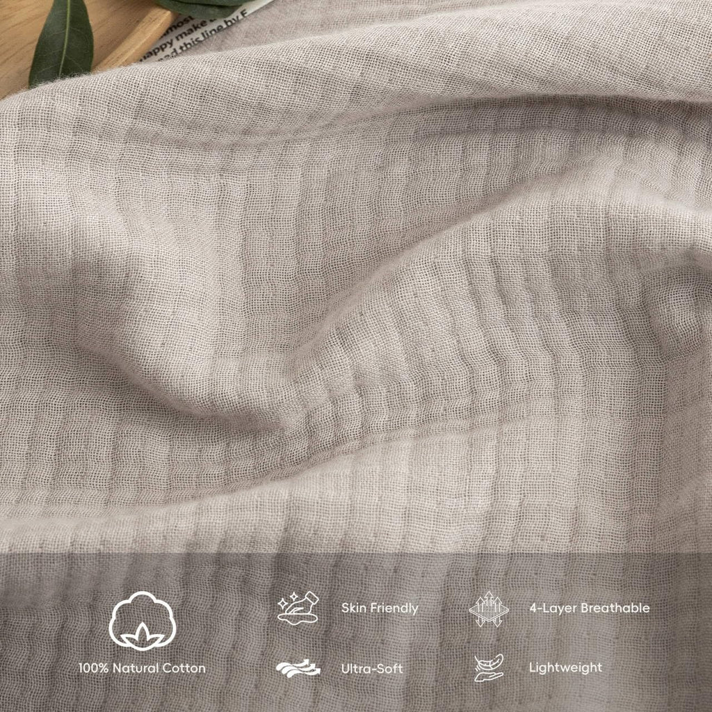 Beige Gray Fringe Cotton Muslin Blanket