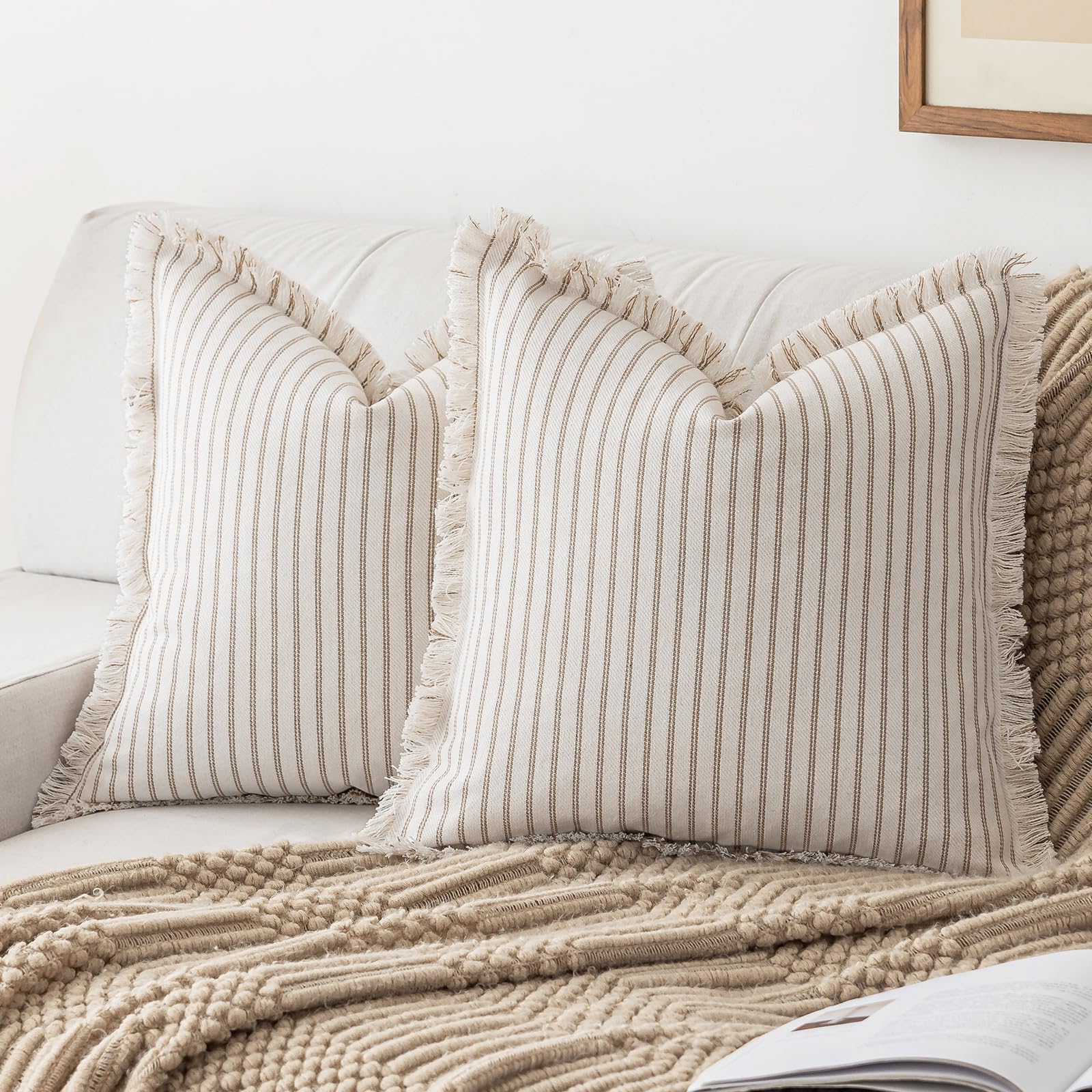 Red Fringe Striped Pillow Covers Set