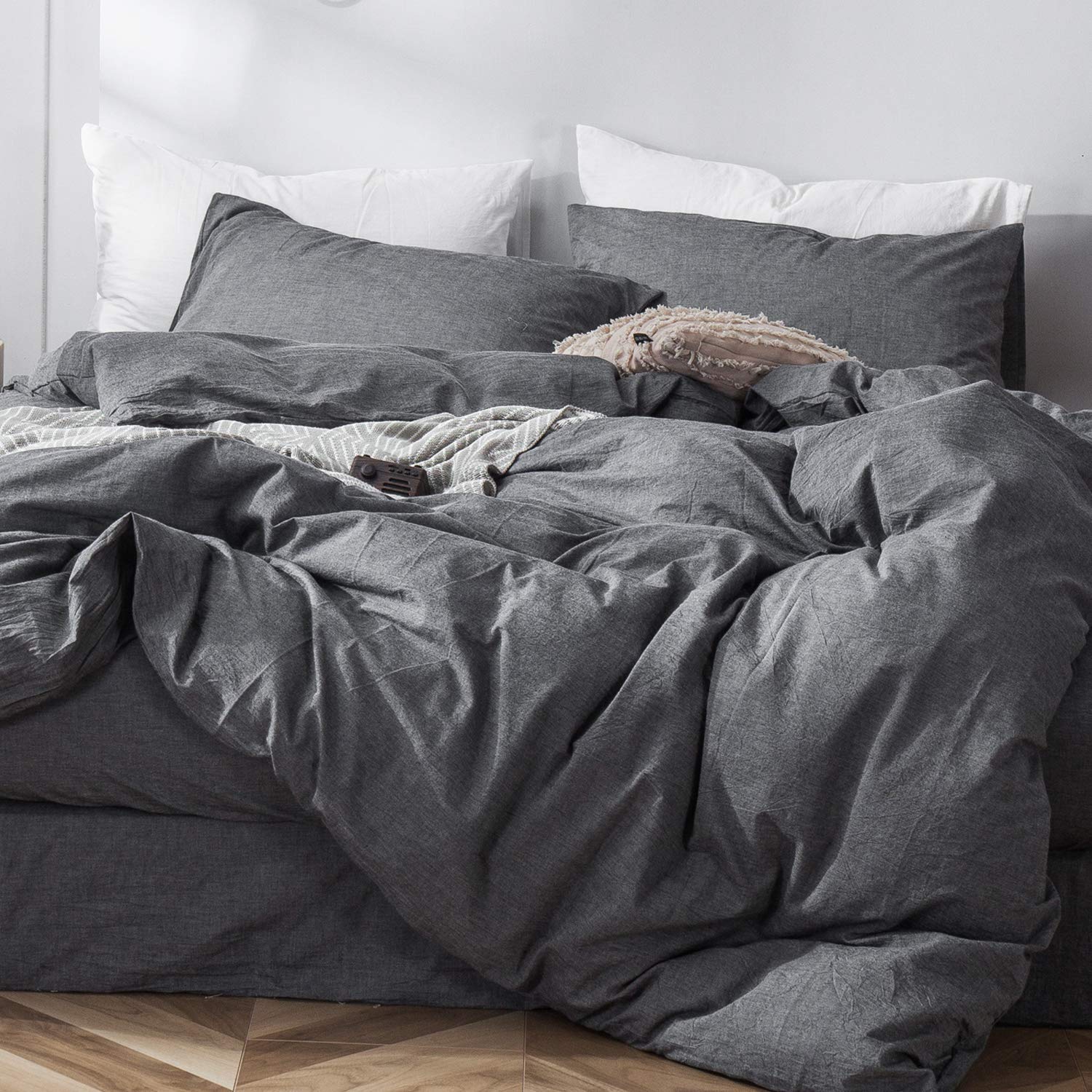 MooMee Bedding Duvet Cover Set 100% Washed Cotton Linen Like Textured Breathable Durable Soft Comfy (Solid Off White, Palatial King/Oversized King 120"x98")