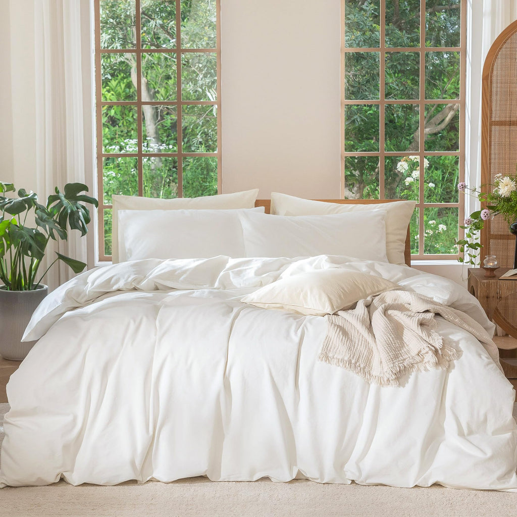MooMee Bedding Duvet Cover Set 100% Washed Cotton Linen Like Textured Breathable Durable Soft Comfy (Solid Off White, Palatial King/Oversized King 120"x98")
