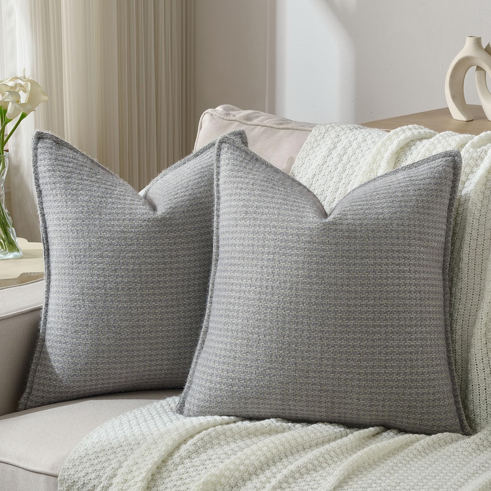 FUTEI Pack of 2 Houndstooth Throw Pillow Covers 26x26 Inch Soft Chenille Gingham Textured Farmhouse Decorative Euro Pillow Shams Modern Home Decor for Couch Bedroom Living Room, Grayish Blue