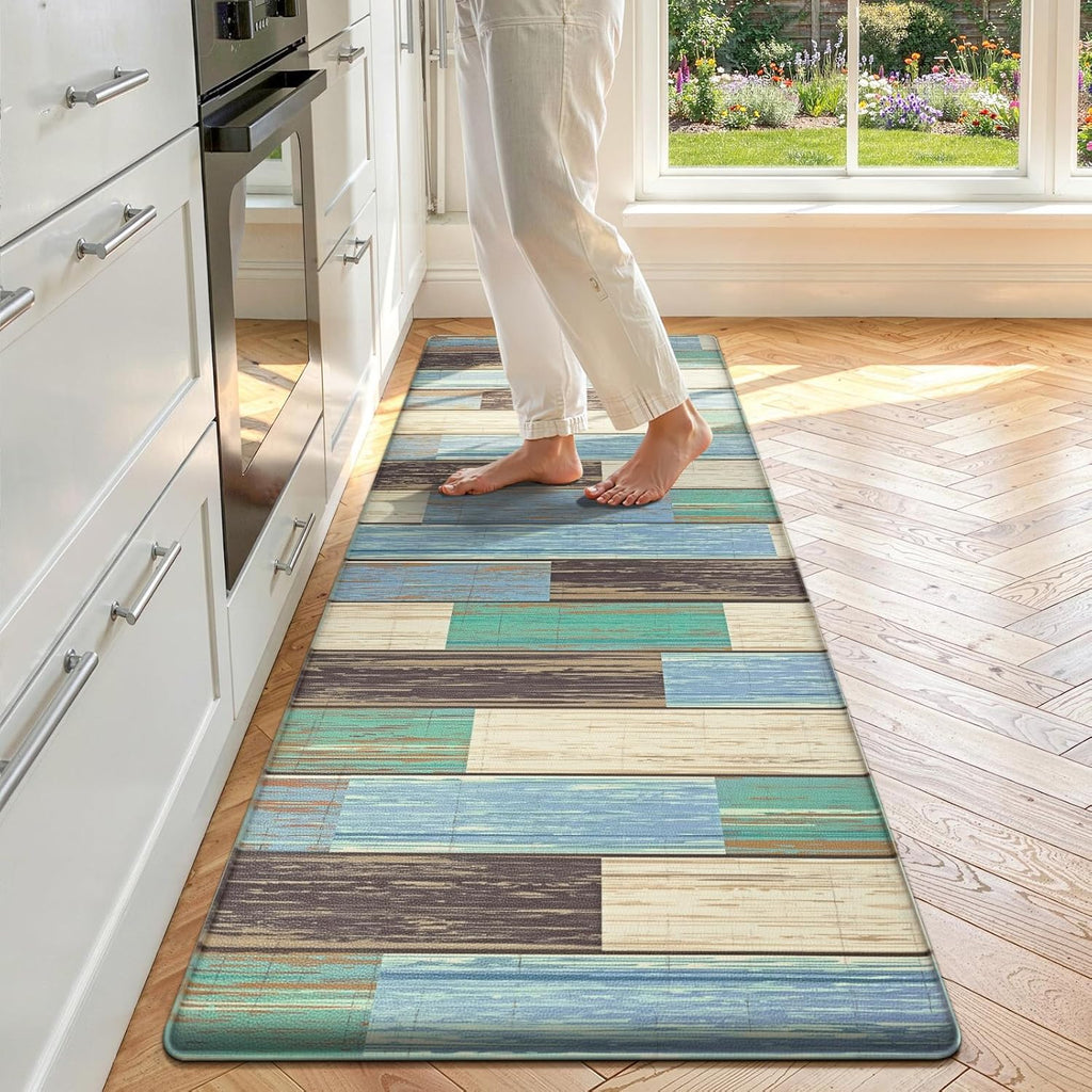 Teal Geometric Memory Foam Anti Fatigue Kitchen Runner Rug