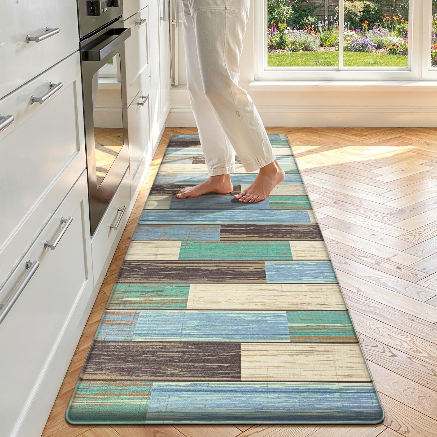 Teal Geometric Memory Foam Anti Fatigue Kitchen Runner Rug