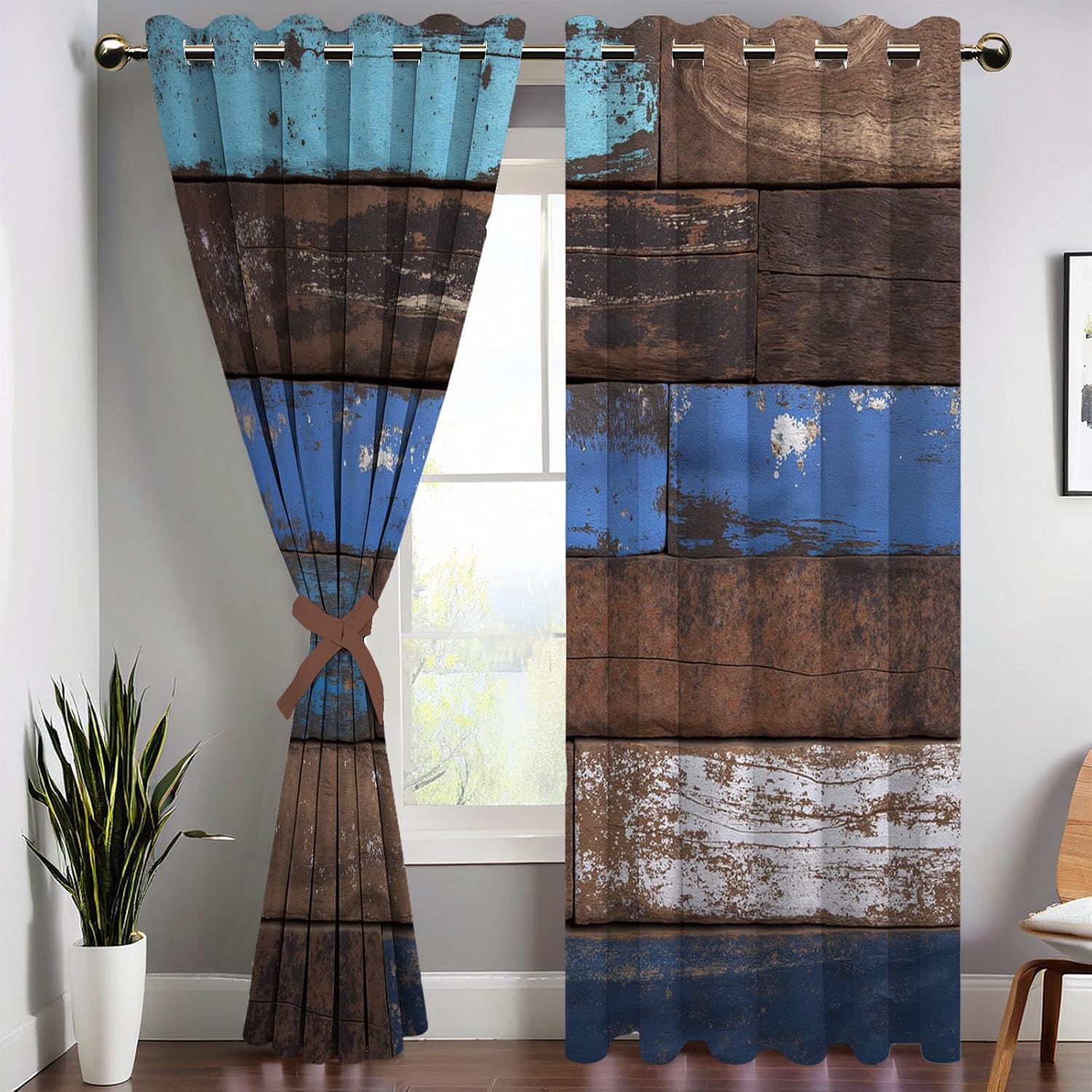 Rust Wood Patchwork Blackout Curtains