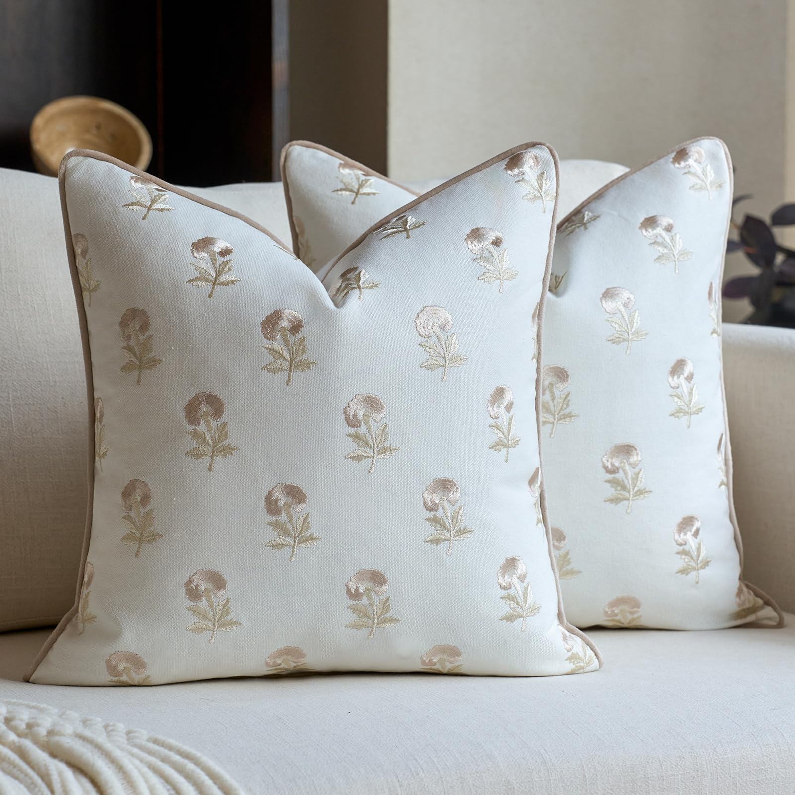 FIOUOVO Embroidered Floral Pillow Covers 24x 24 Set of 2 Cotton Farmhouse Throw Pillow Covers with Piping Edge Decorative Cushion Covers for Sofa Couch Bedroom Living Room, Olive Green