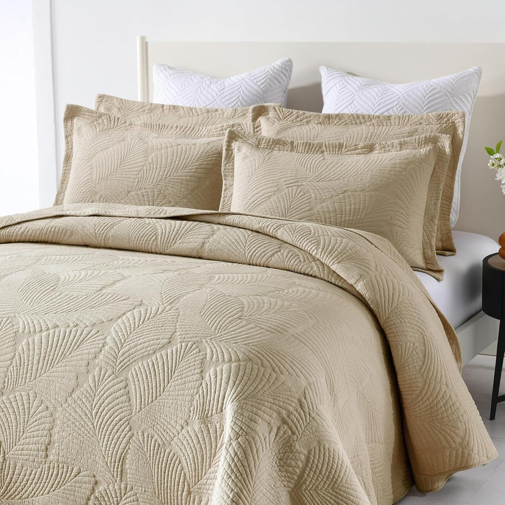 Khaki Tropical Palm Queen Cotton Quilt Set