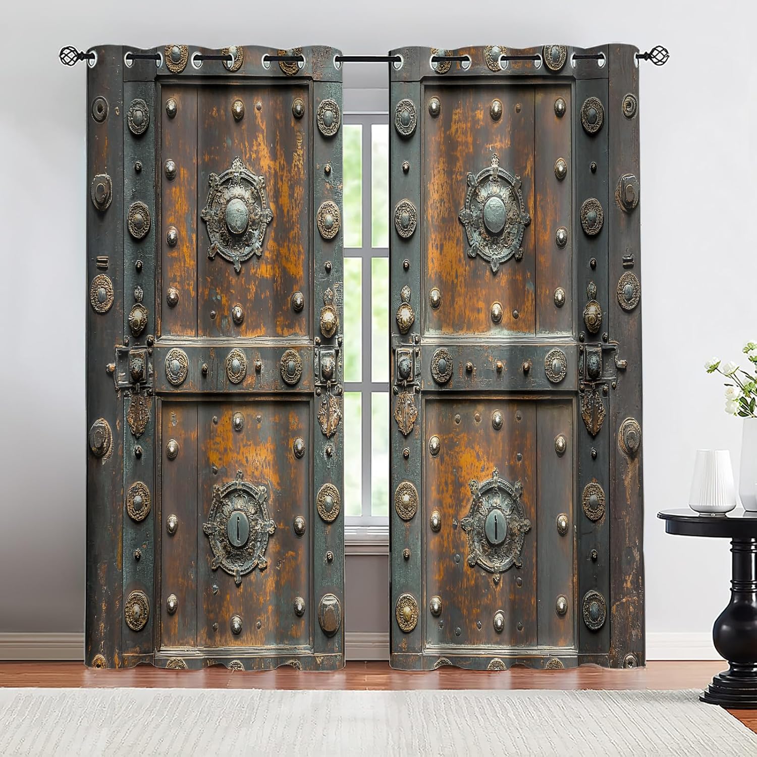 Metal Door Print Blackout Curtain, Rusty Thermal Insulated Grommets Curtains, Retro Industrial 2 Panels Window Curtains for Bedroom Living Room Home Decor, 31.5 x 63 Inch, 2 Panels