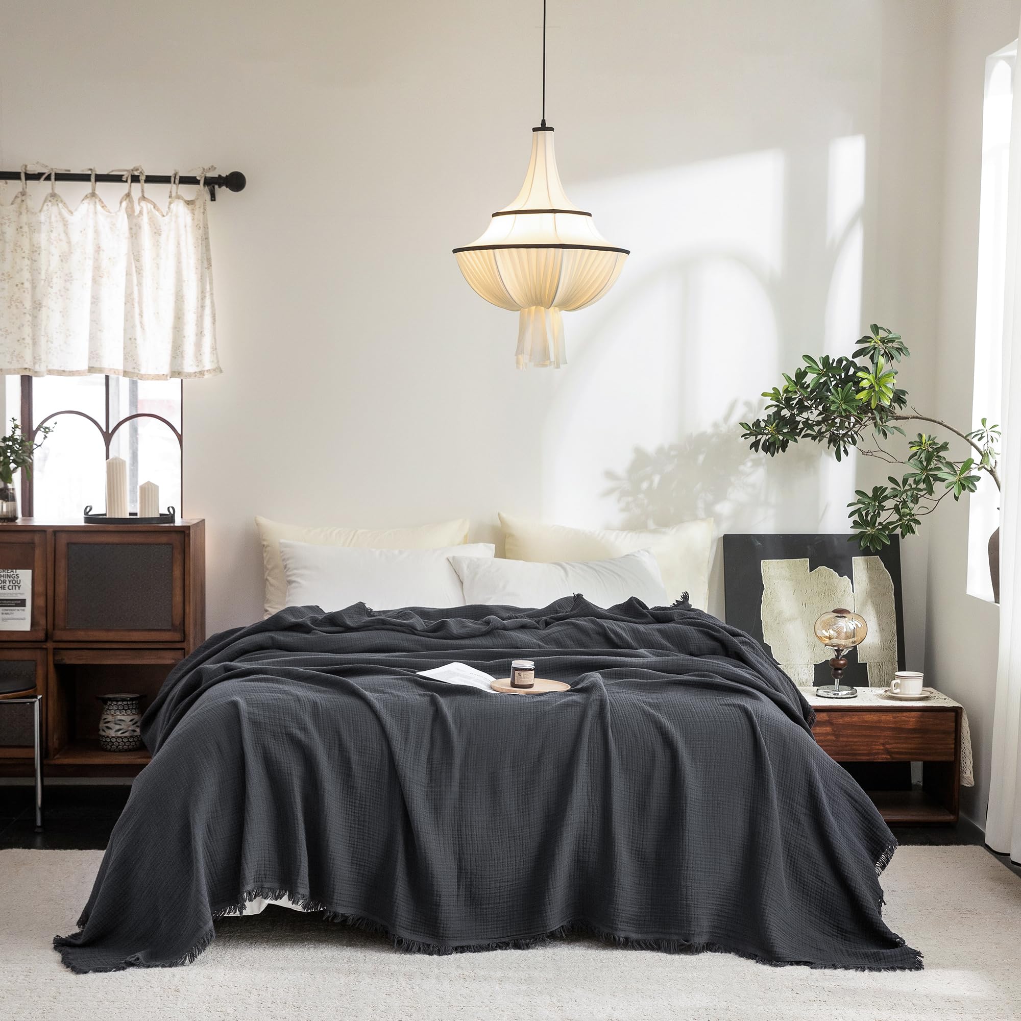 Beige Gray Fringe Cotton Muslin Blanket