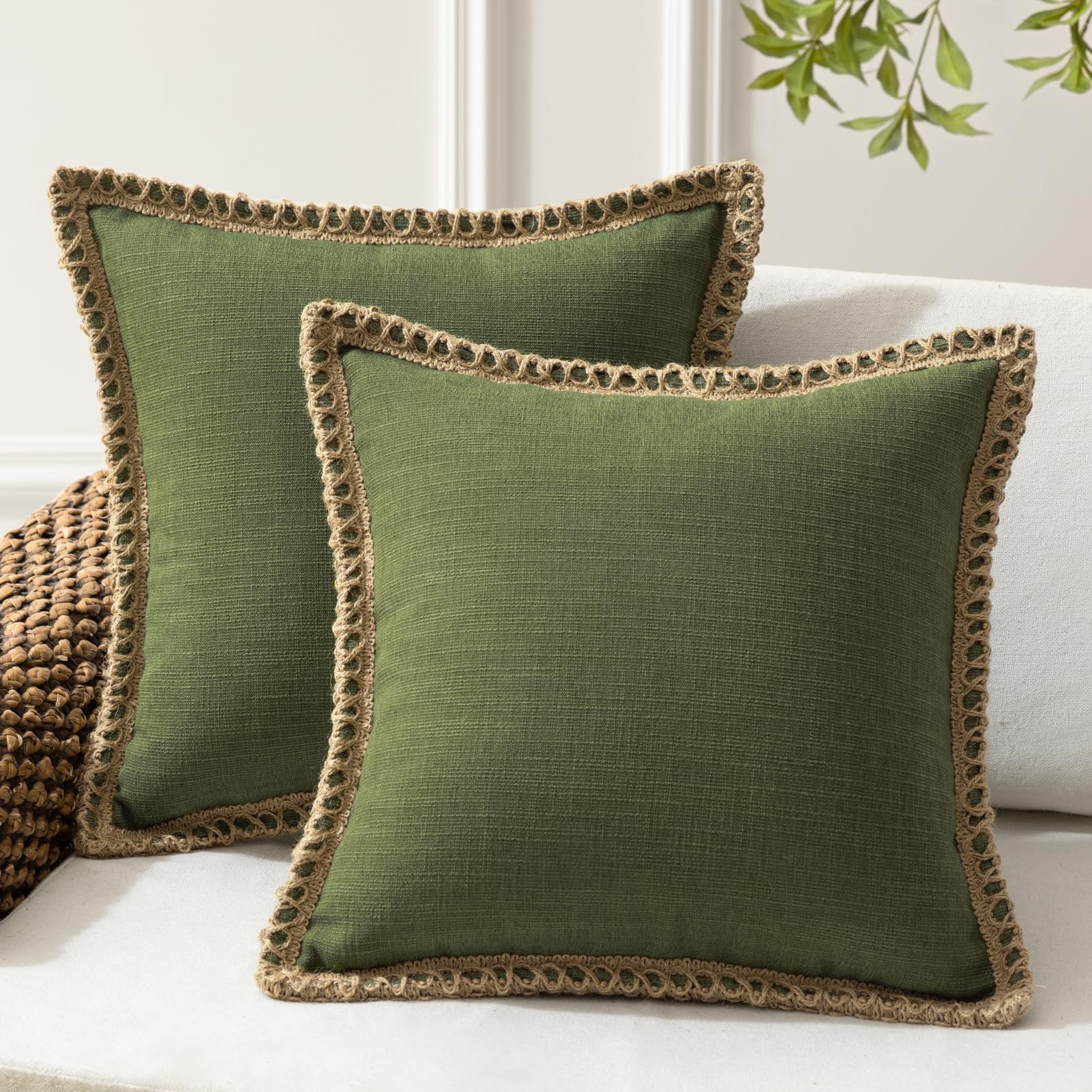 Phantoscope Pack of 2 Farmhouse Decorative Solid Pillow Cover Burlap Linen Trimmed Tailored Edges, Black, 24 x 24 inches, 60 x 60 cm