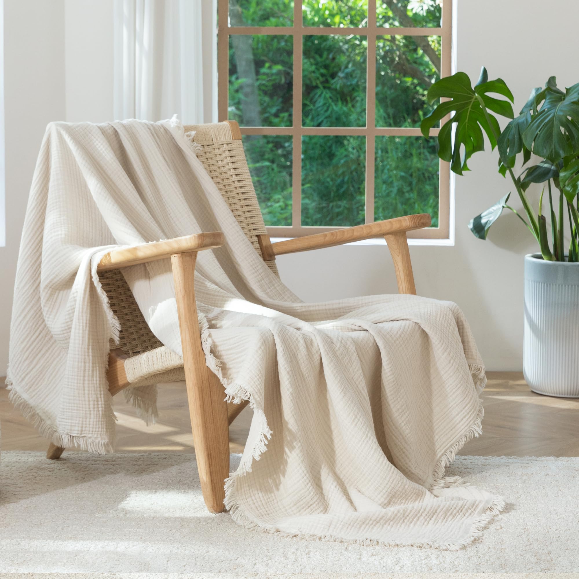 MooMee Muslin Blanket - 100% Cotton 4-Layer Gauze Throw Blanket with All-Around Fringe, Soft Breathable Lightweight Cooling Summer Blankets for Bed Couch (Cream Grey,Super King 108" x 98")