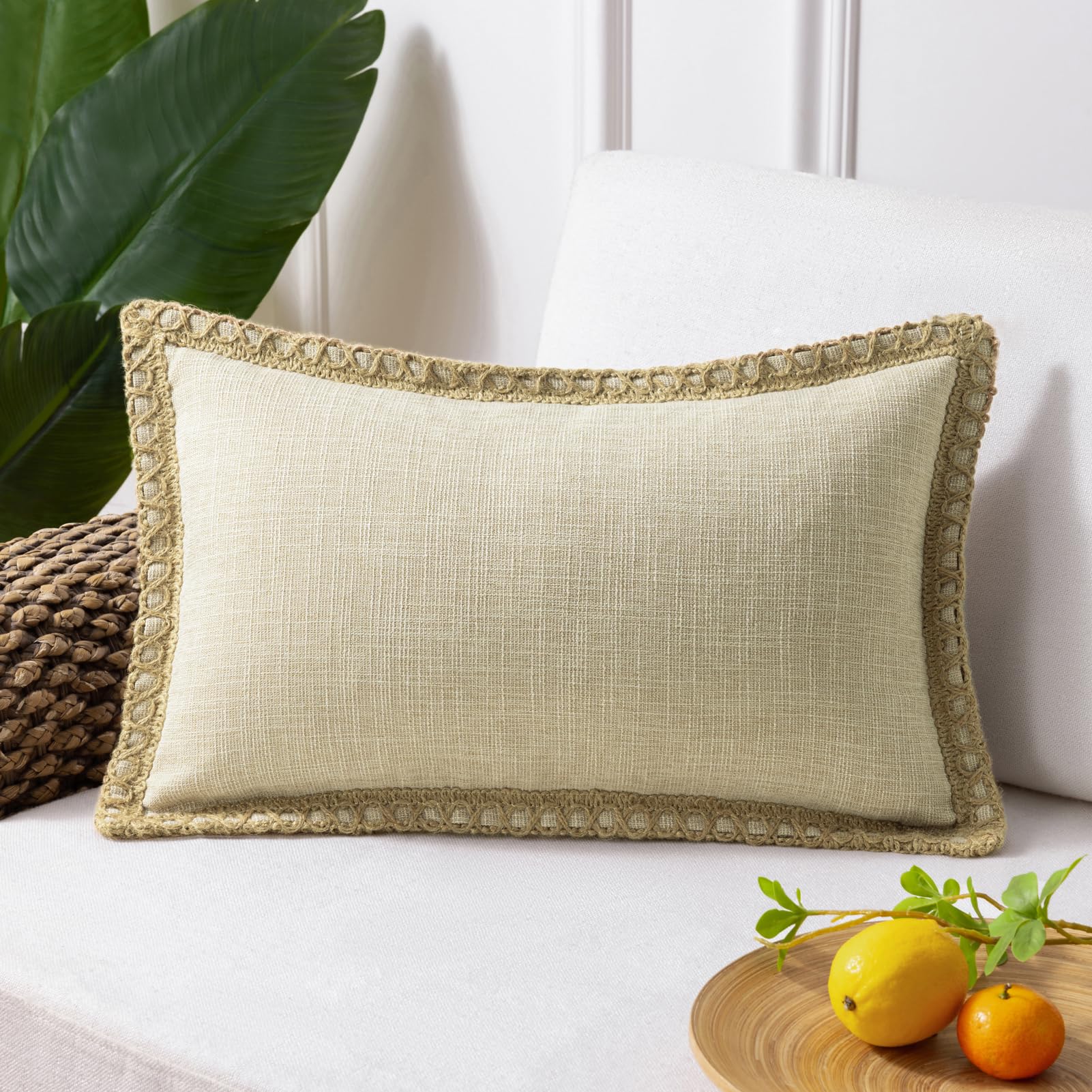 Phantoscope Pack of 2 Farmhouse Decorative Solid Pillow Cover Burlap Linen Trimmed Tailored Edges, Black, 24 x 24 inches, 60 x 60 cm