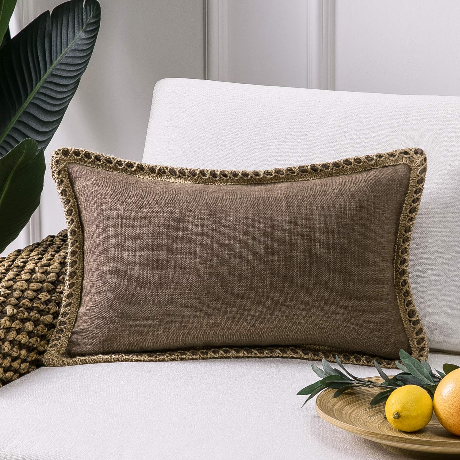 Phantoscope Pack of 2 Farmhouse Decorative Solid Pillow Cover Burlap Linen Trimmed Tailored Edges, Black, 24 x 24 inches, 60 x 60 cm
