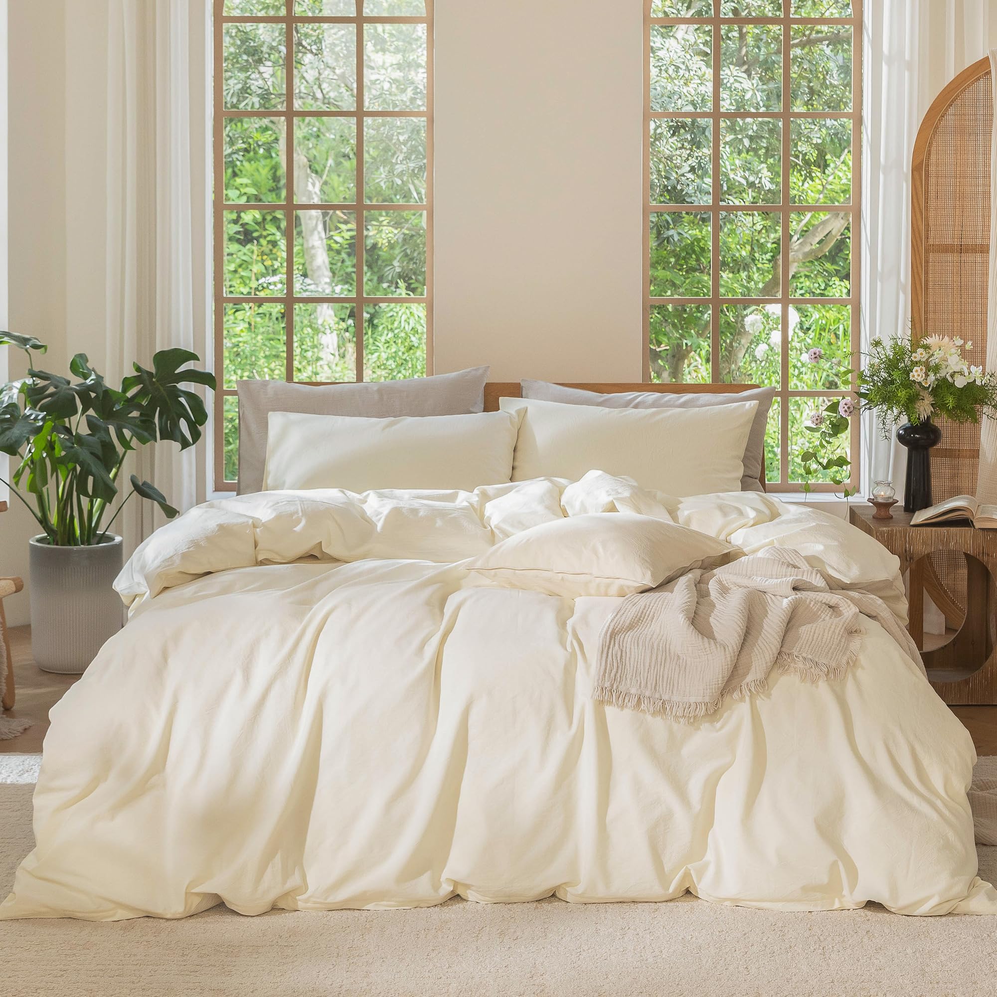 MooMee Bedding Duvet Cover Set 100% Washed Cotton Linen Like Textured Breathable Durable Soft Comfy (Solid Off White, Palatial King/Oversized King 120"x98")