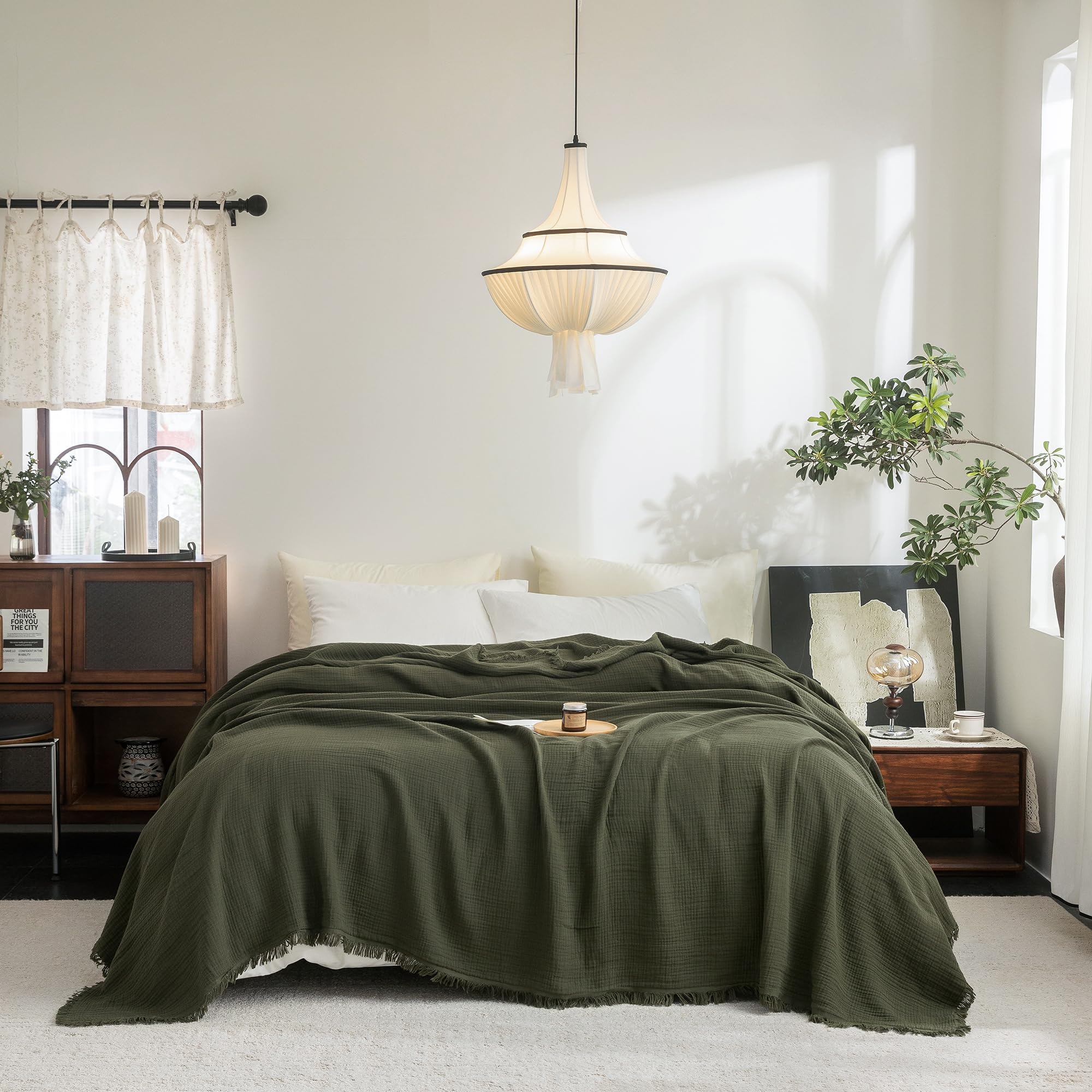 Beige Gray Fringe Cotton Muslin Blanket