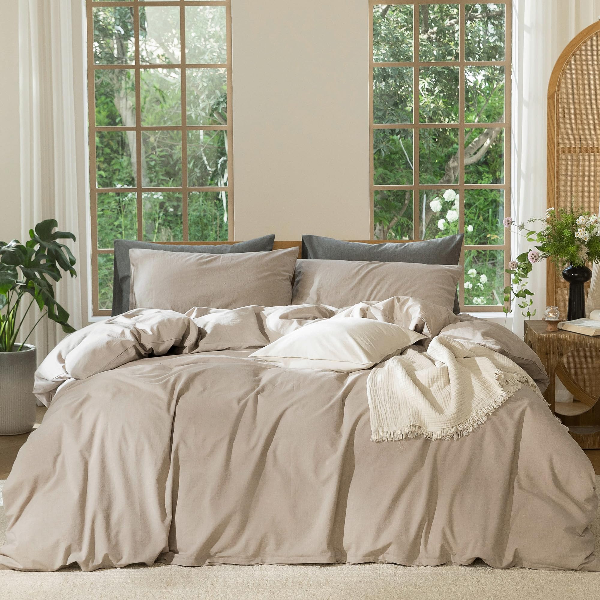 MooMee Bedding Duvet Cover Set 100% Washed Cotton Linen Like Textured Breathable Durable Soft Comfy (Solid Off White, Palatial King/Oversized King 120"x98")
